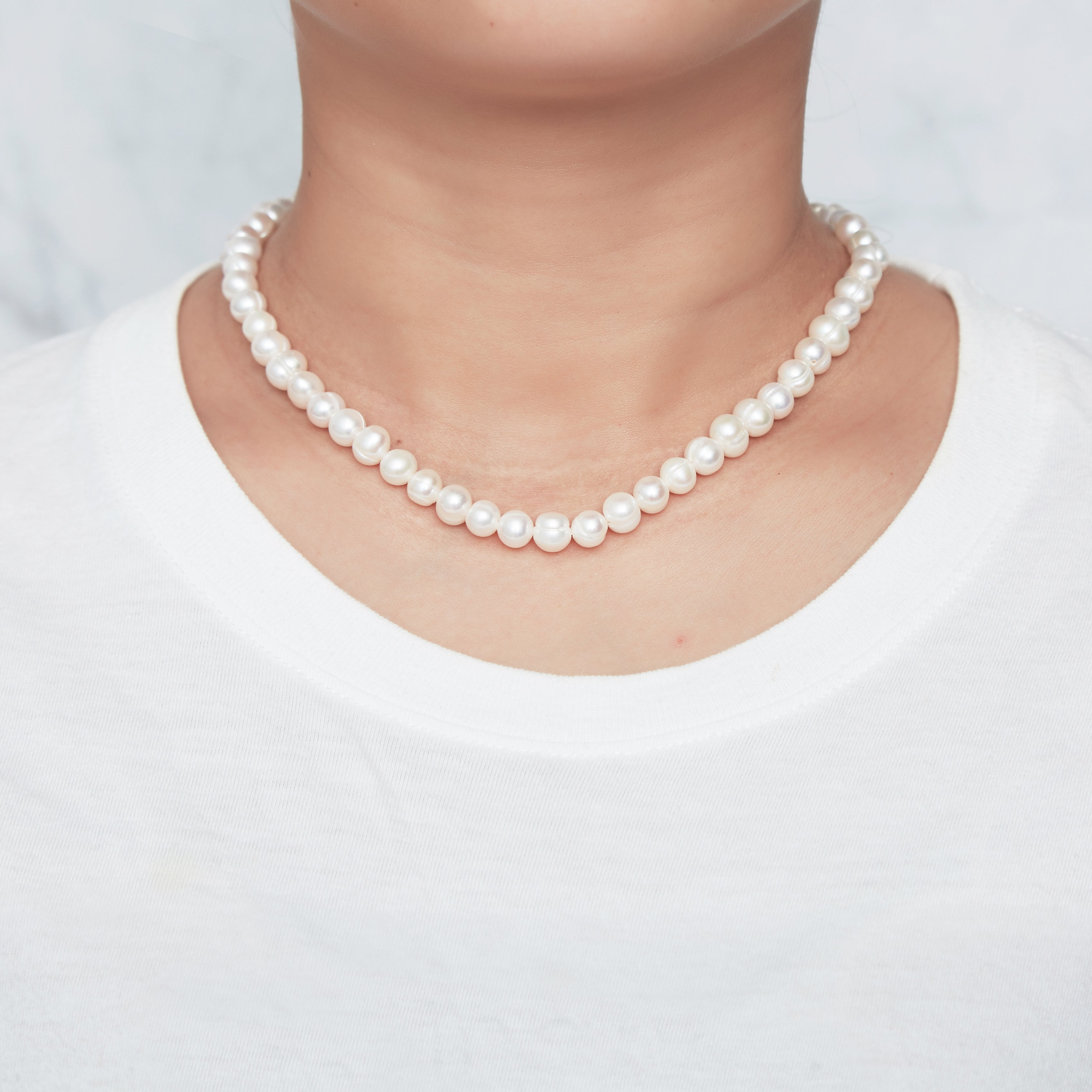 Sterling Silver White Freshwater Pearl Strand Choker Necklace