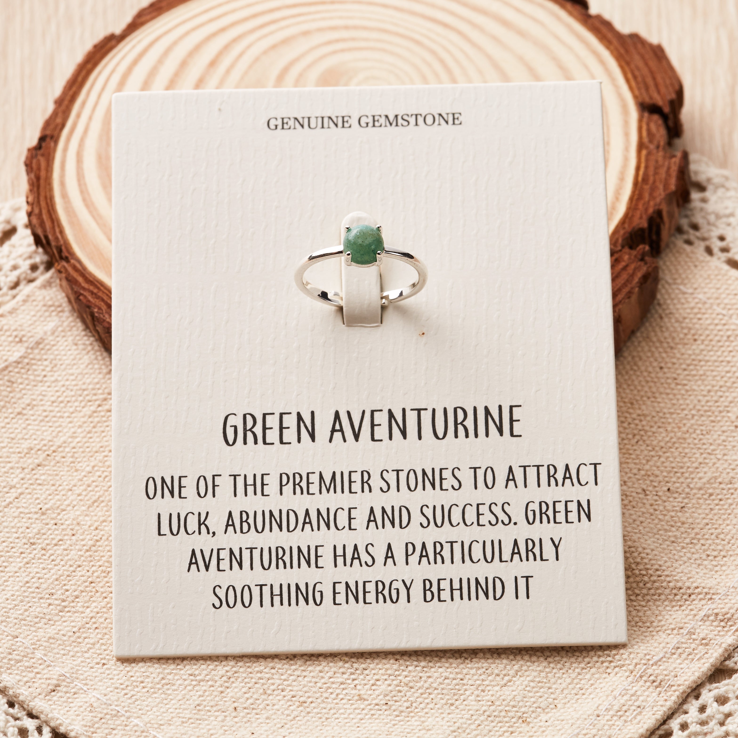 Green Aventurine Adjustable Ring with Quote Card
