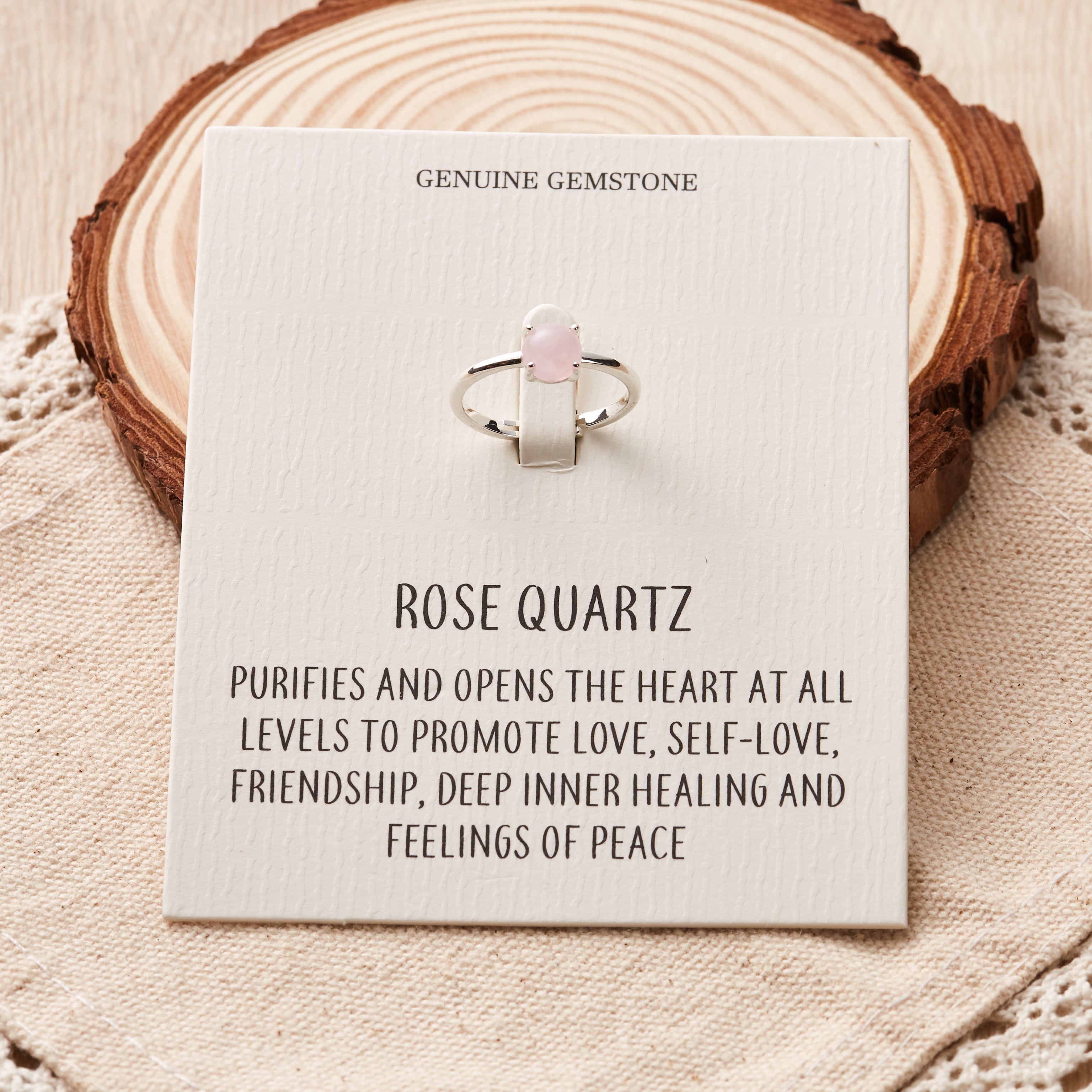 Rose Quartz Adjustable Ring with Quote Card