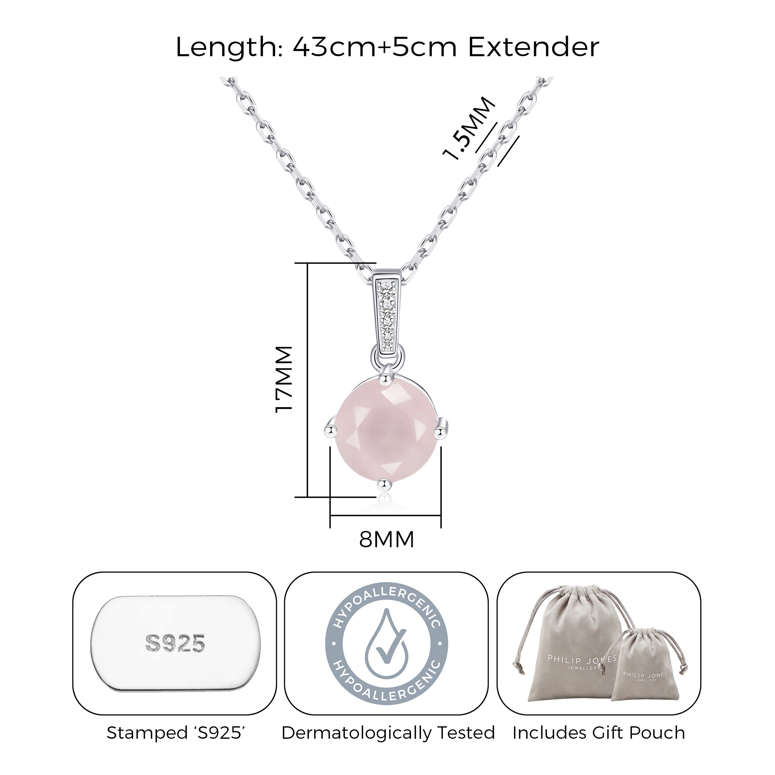 Sterling Silver Rose Quartz Gemstone Necklace