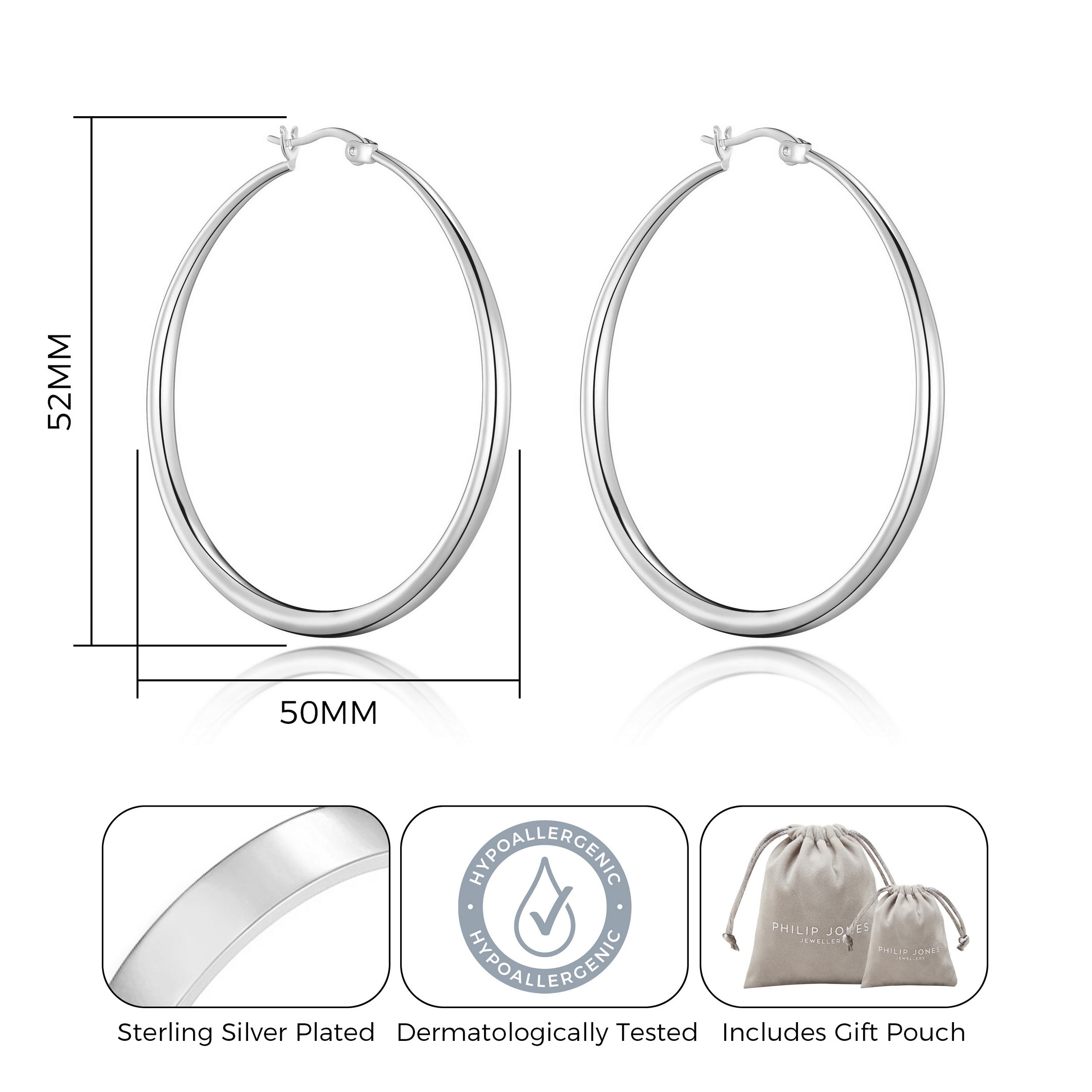 Silver Plated 50mm Hoop Earrings