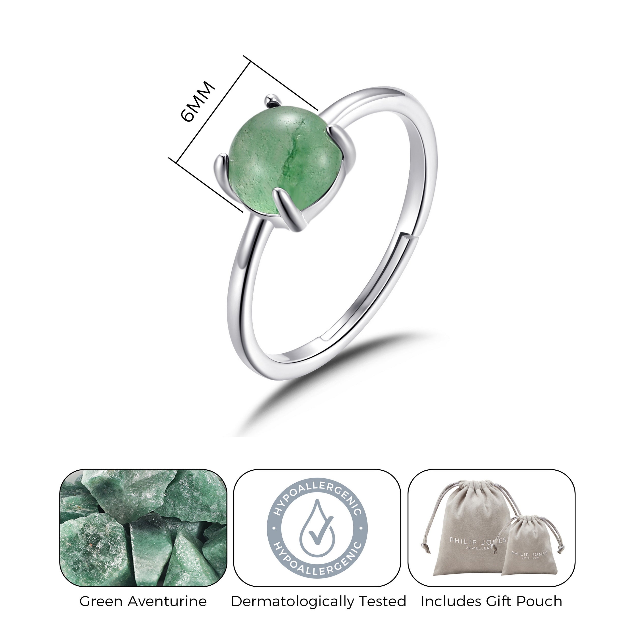 Green Aventurine Adjustable Ring with Quote Card