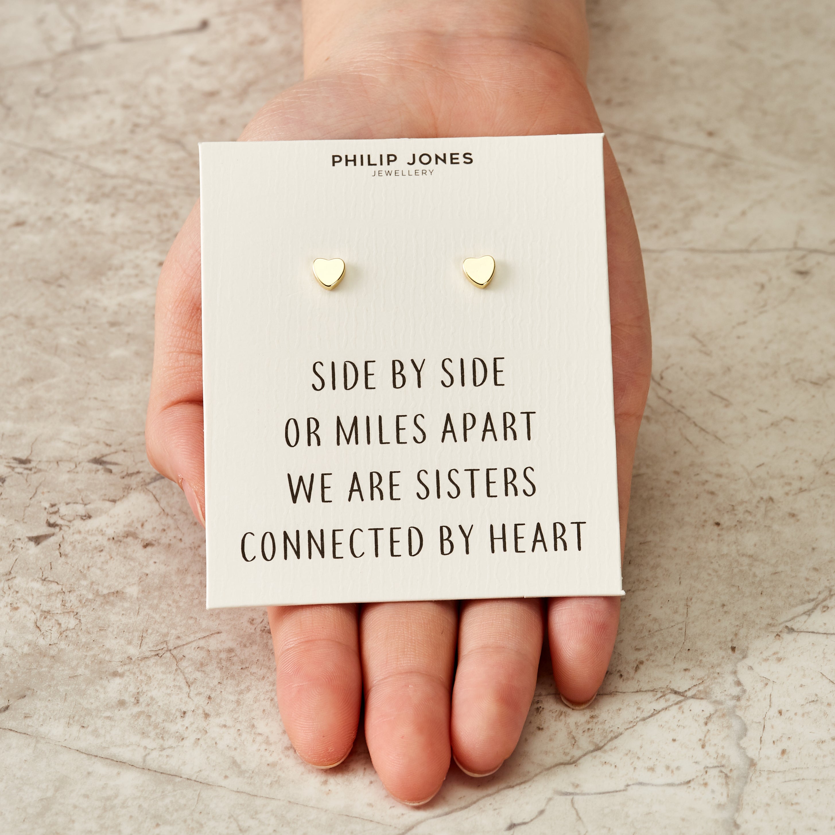 Gold Plated Sister Heart Stud Earrings with Quote Card