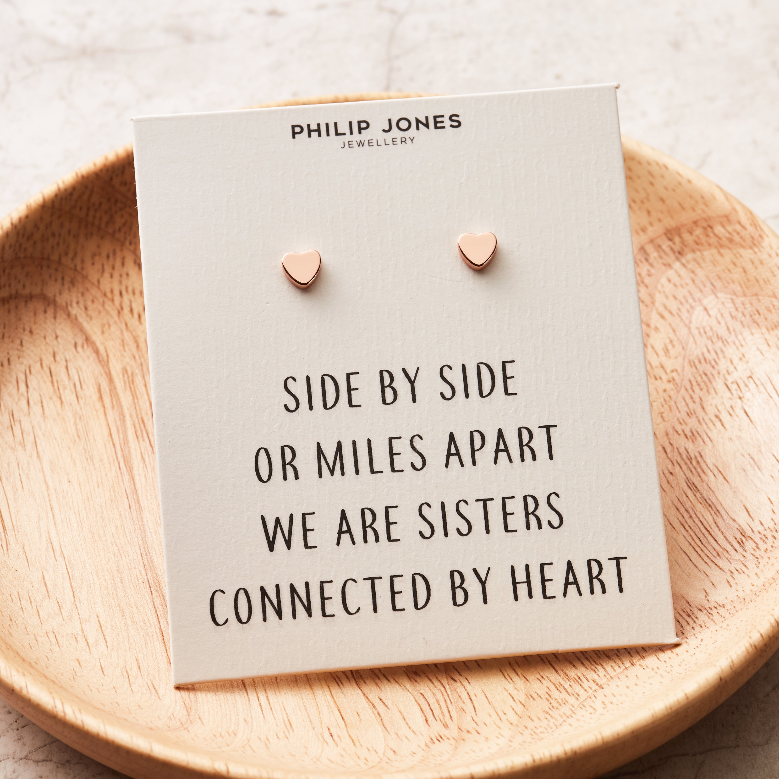 Rose Gold Plated Sister Heart Stud Earrings with Quote Card