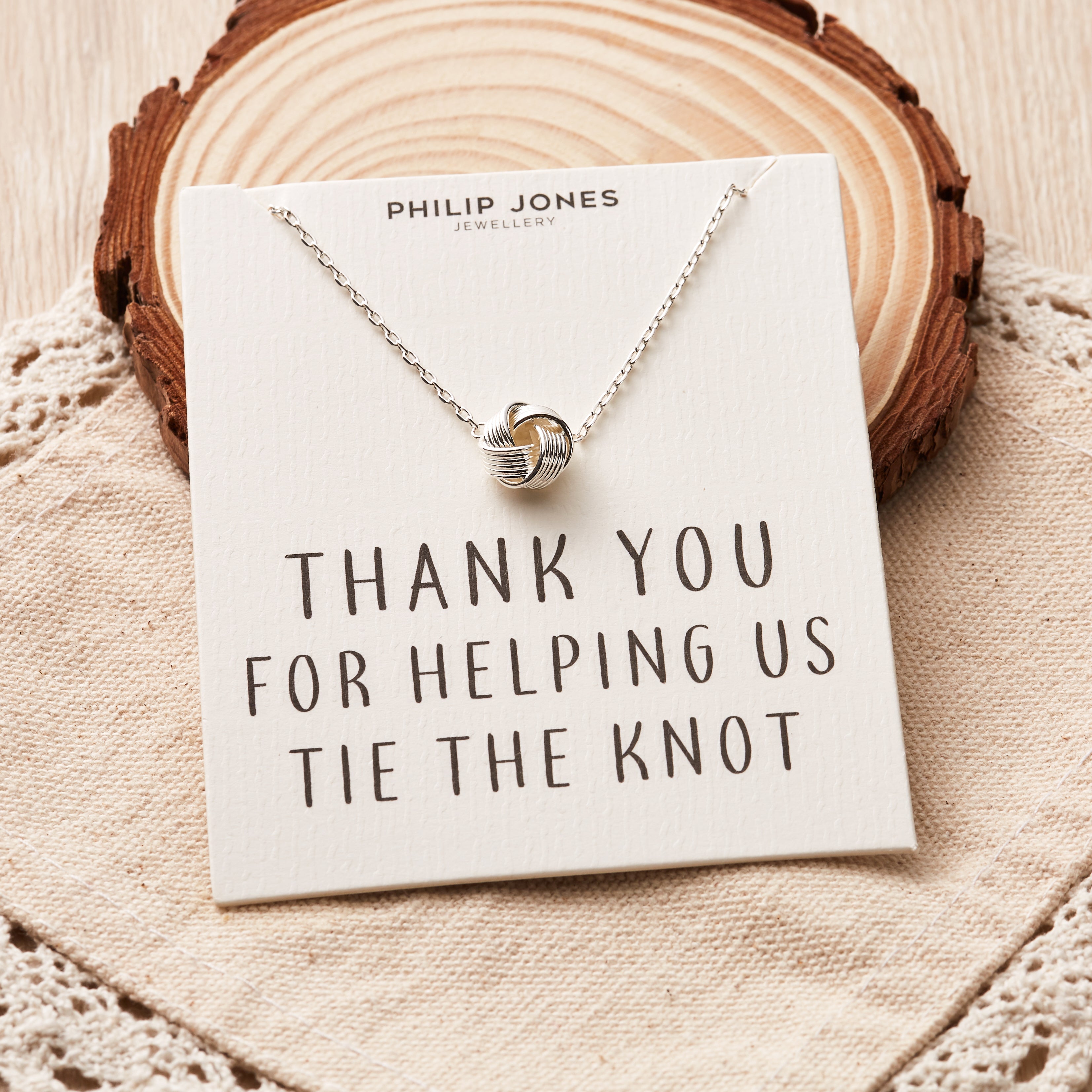 Silver Plated Thank You for Helping us Tie The Knot Necklace with Quote Card