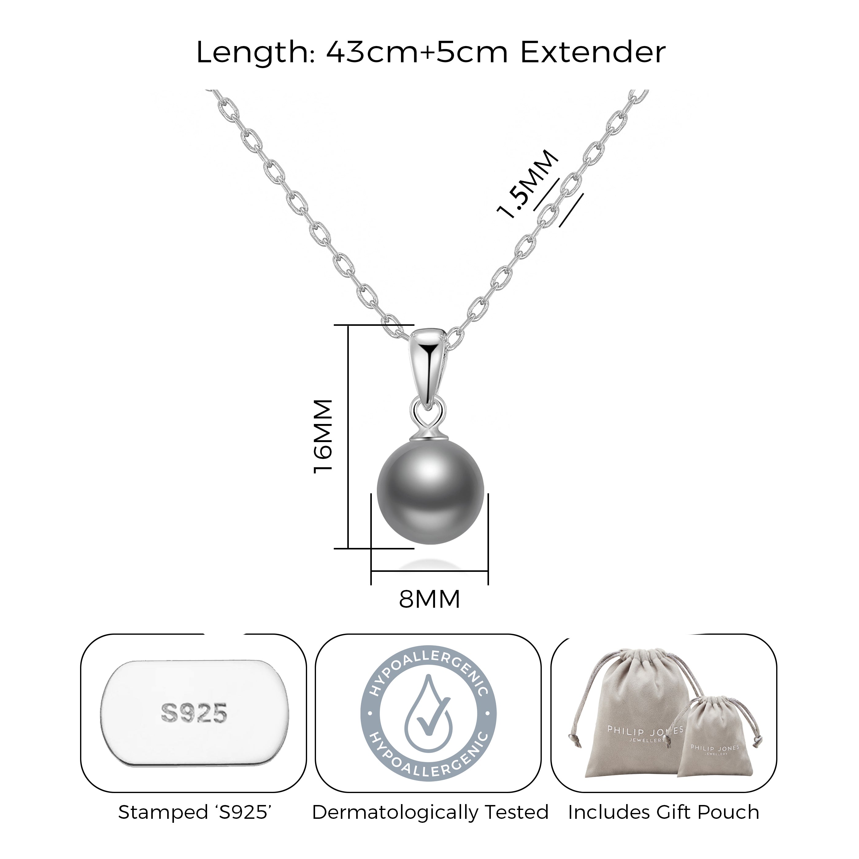Sterling Silver Grey Shell Pearl Necklace