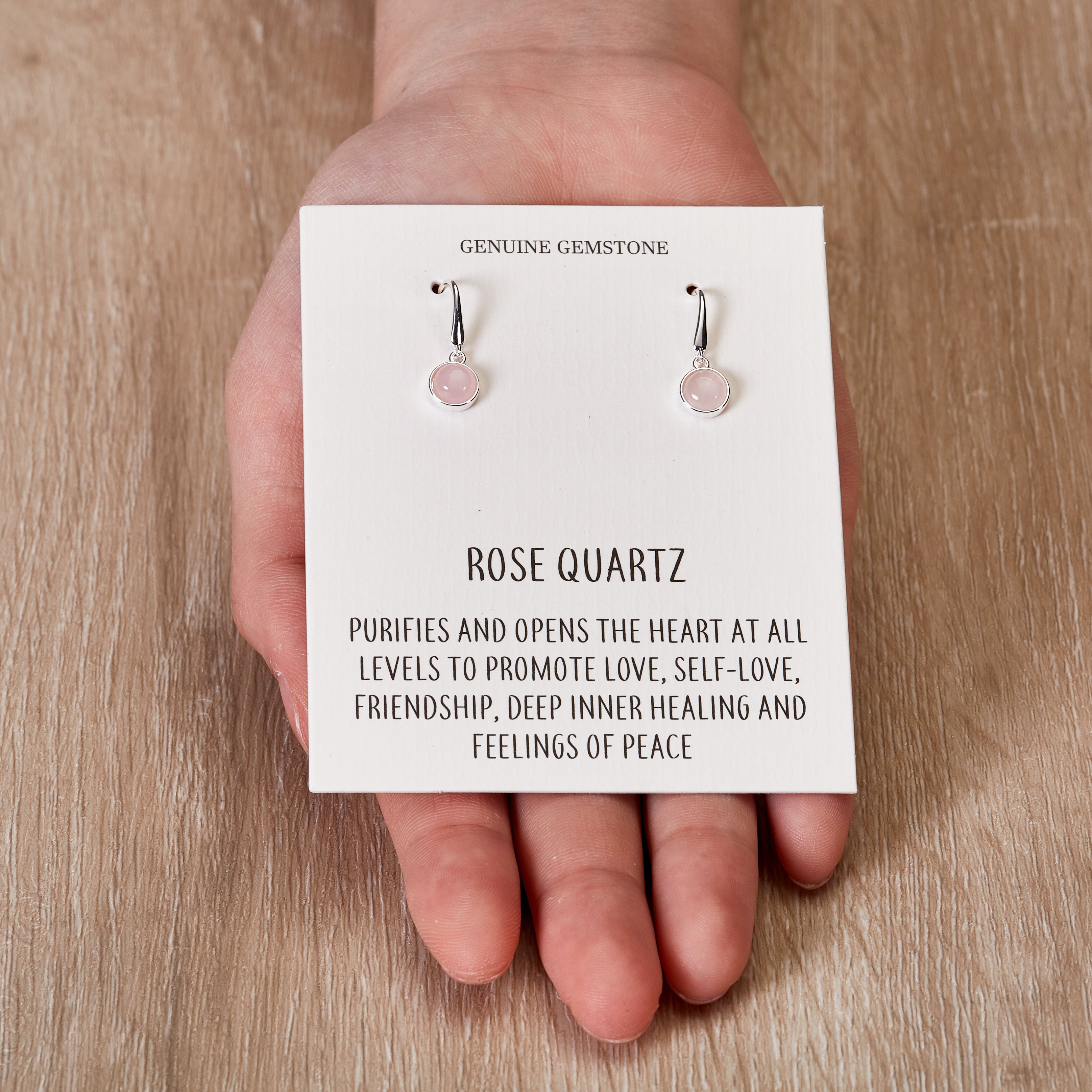 Rose Quartz Drop Earrings with Quote Card