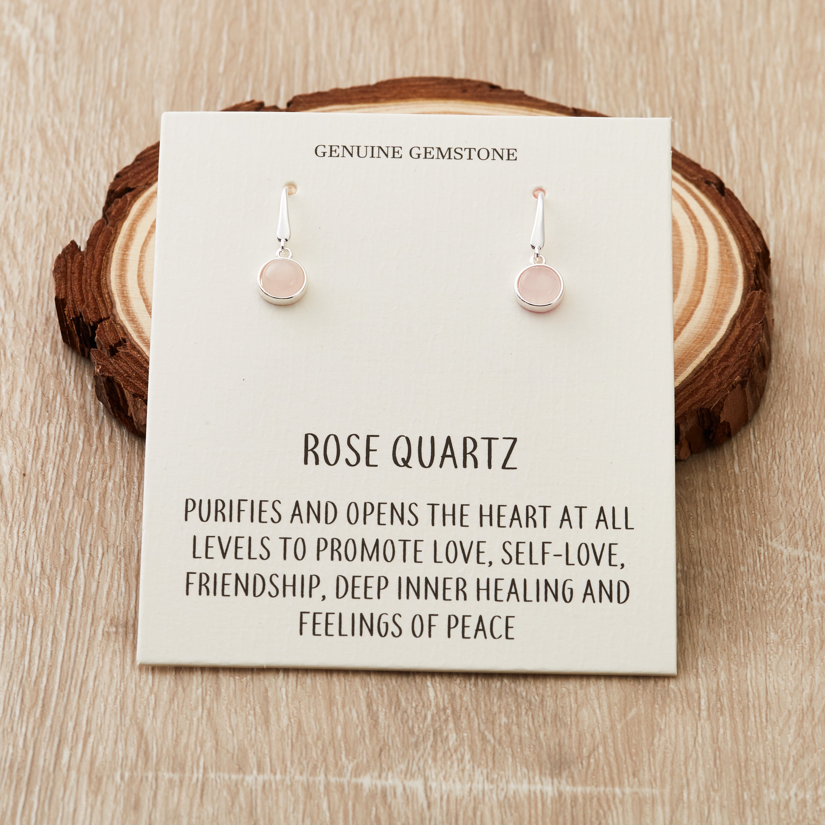 Rose Quartz Drop Earrings with Quote Card