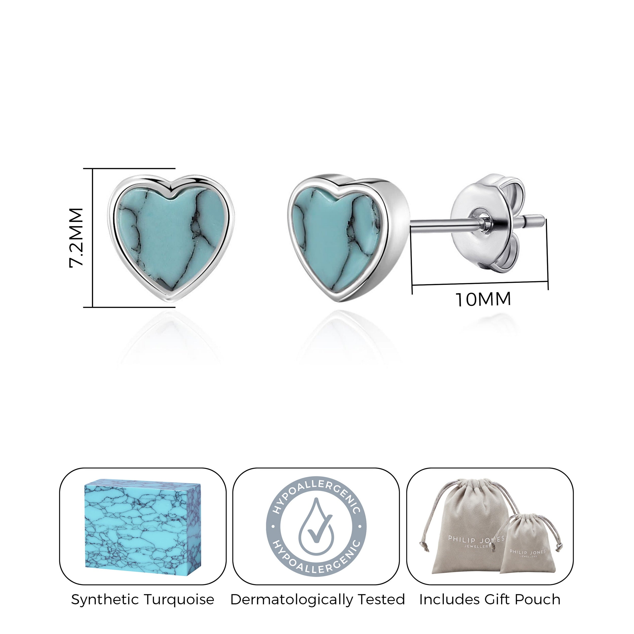 Synthetic Turquoise Heart Stud Earrings