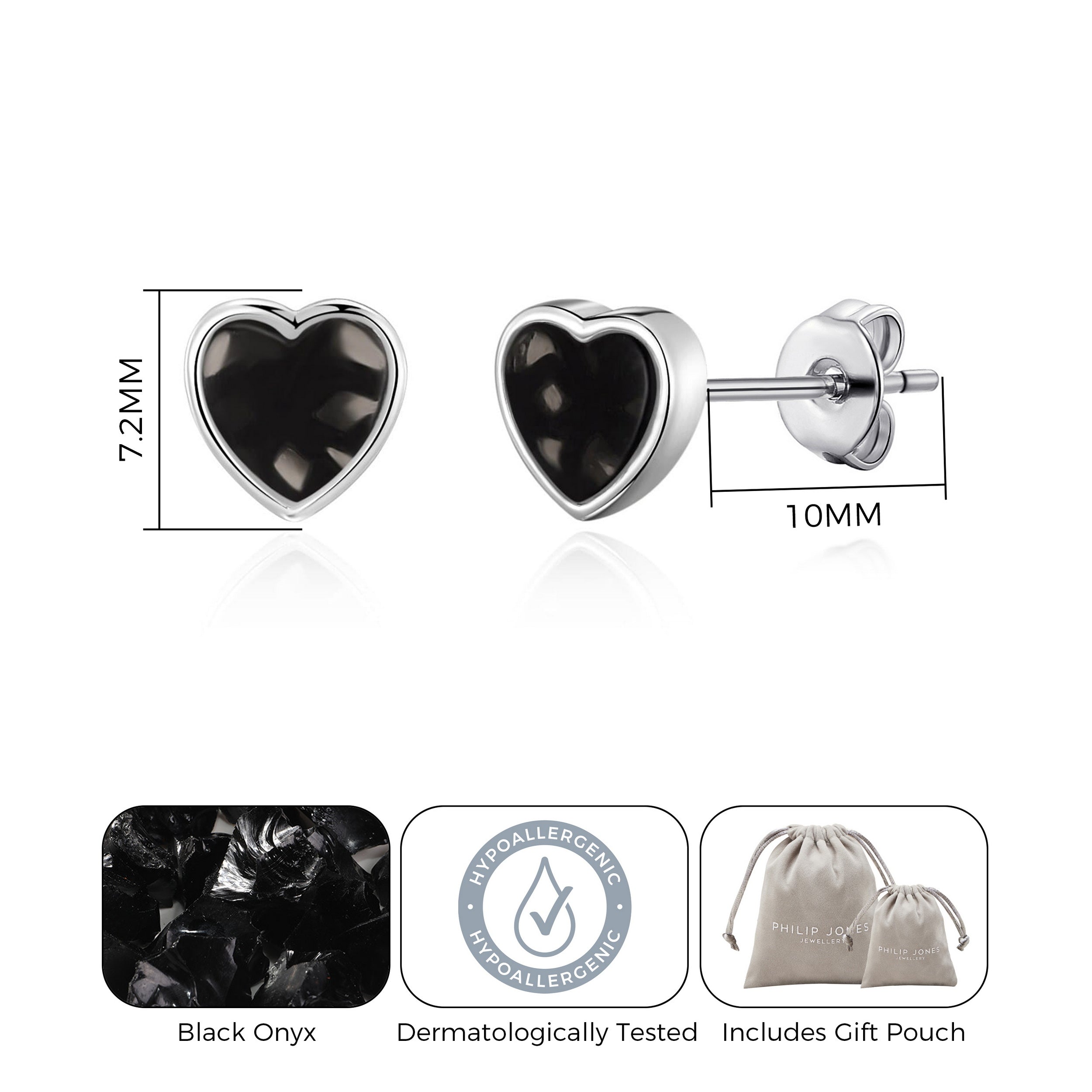 Black Onyx Heart Stud Earrings