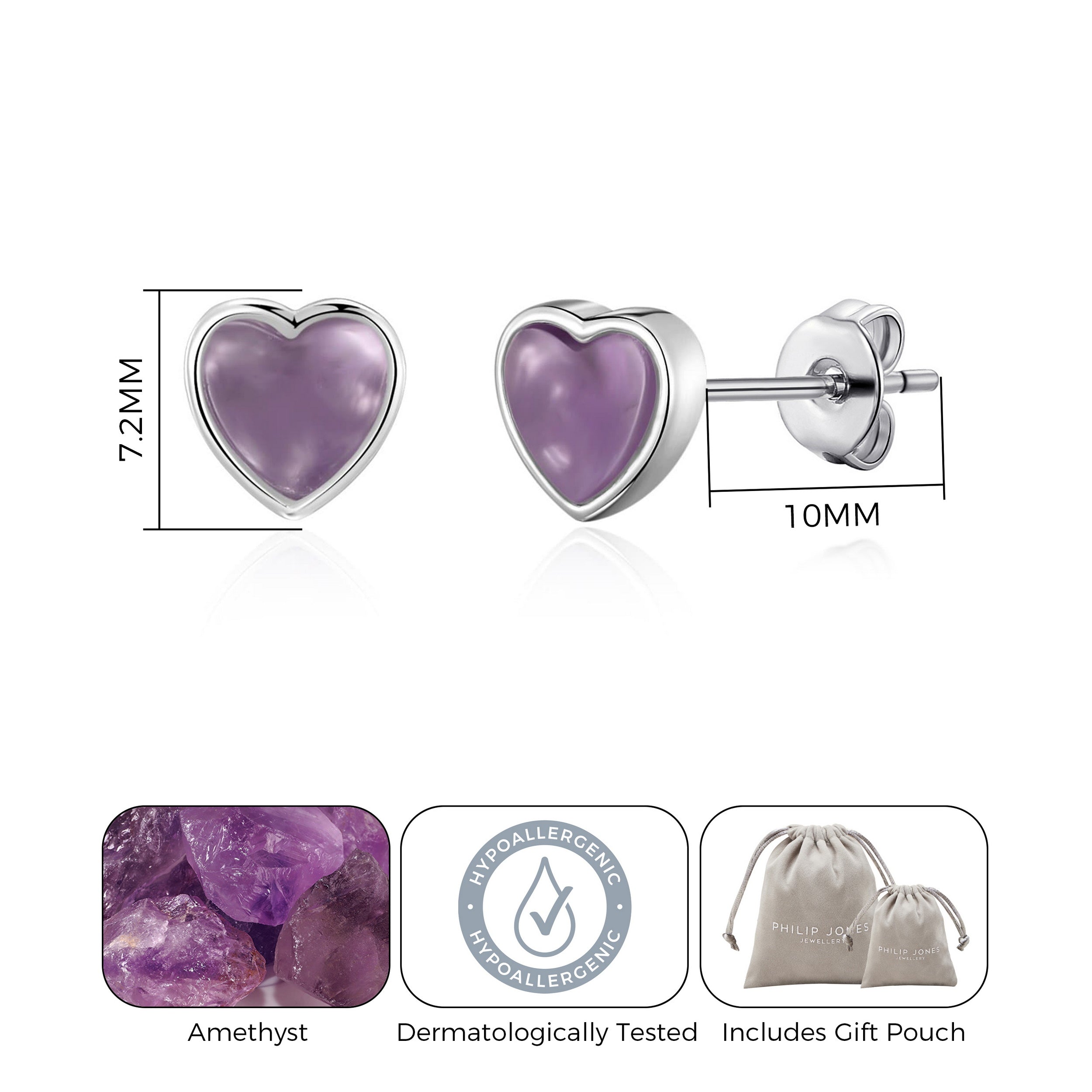 Amethyst Heart Stud Earrings with Quote Card