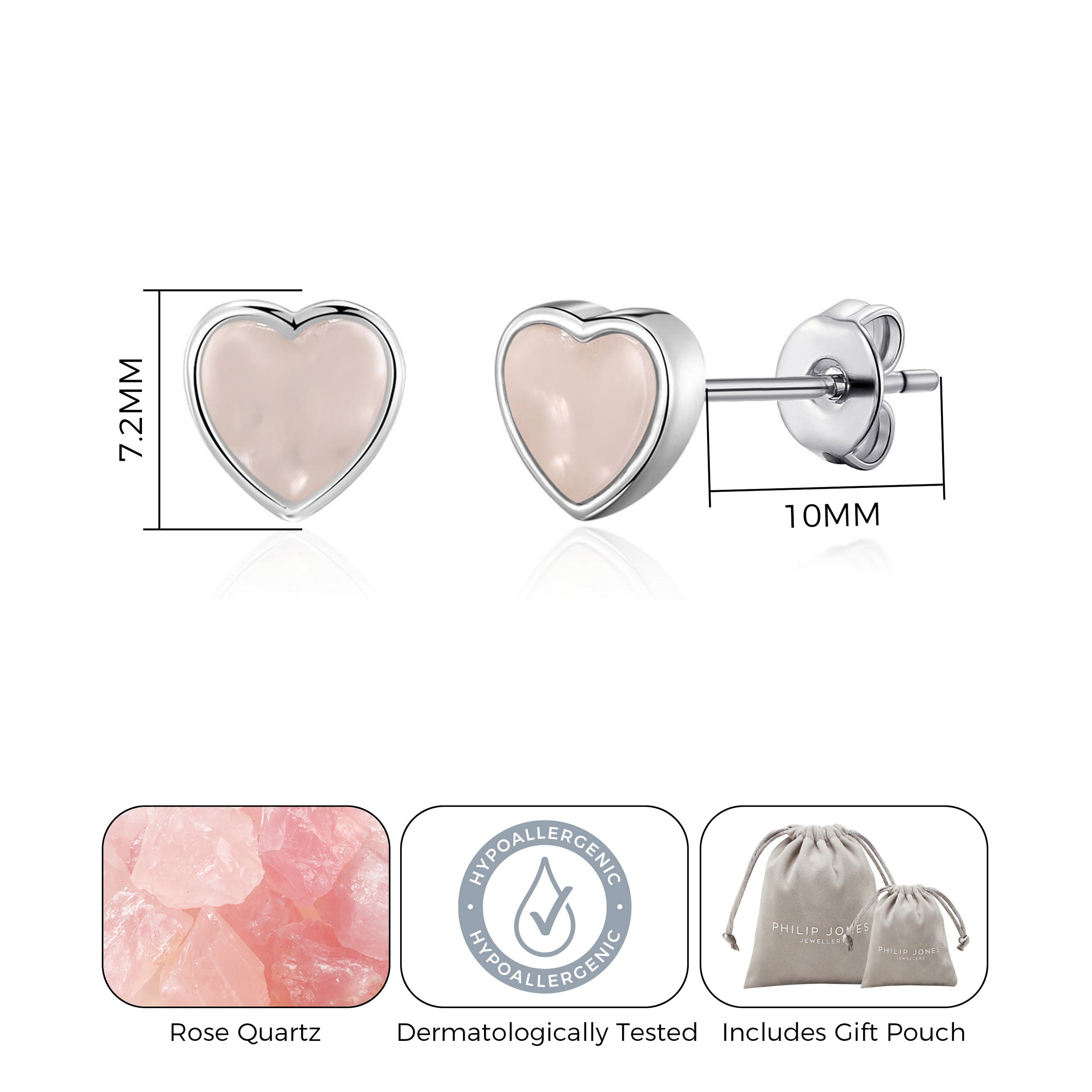 Rose Quartz Heart Stud Earrings with Quote Card