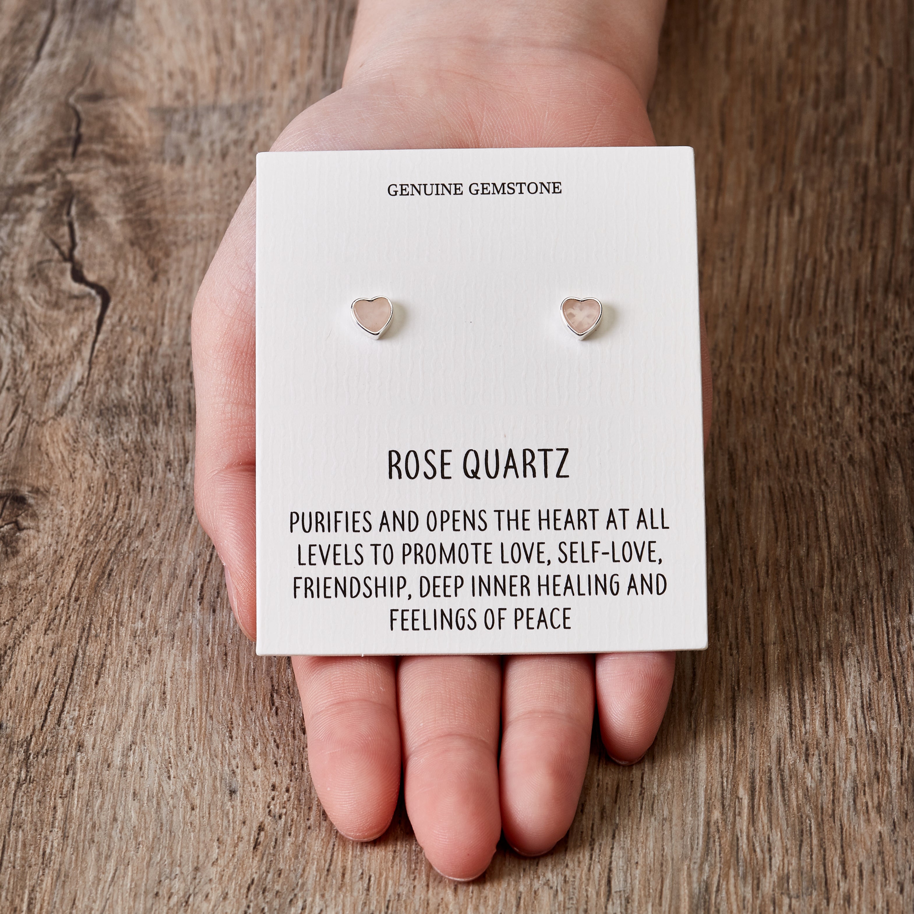 Rose Quartz Heart Stud Earrings with Quote Card