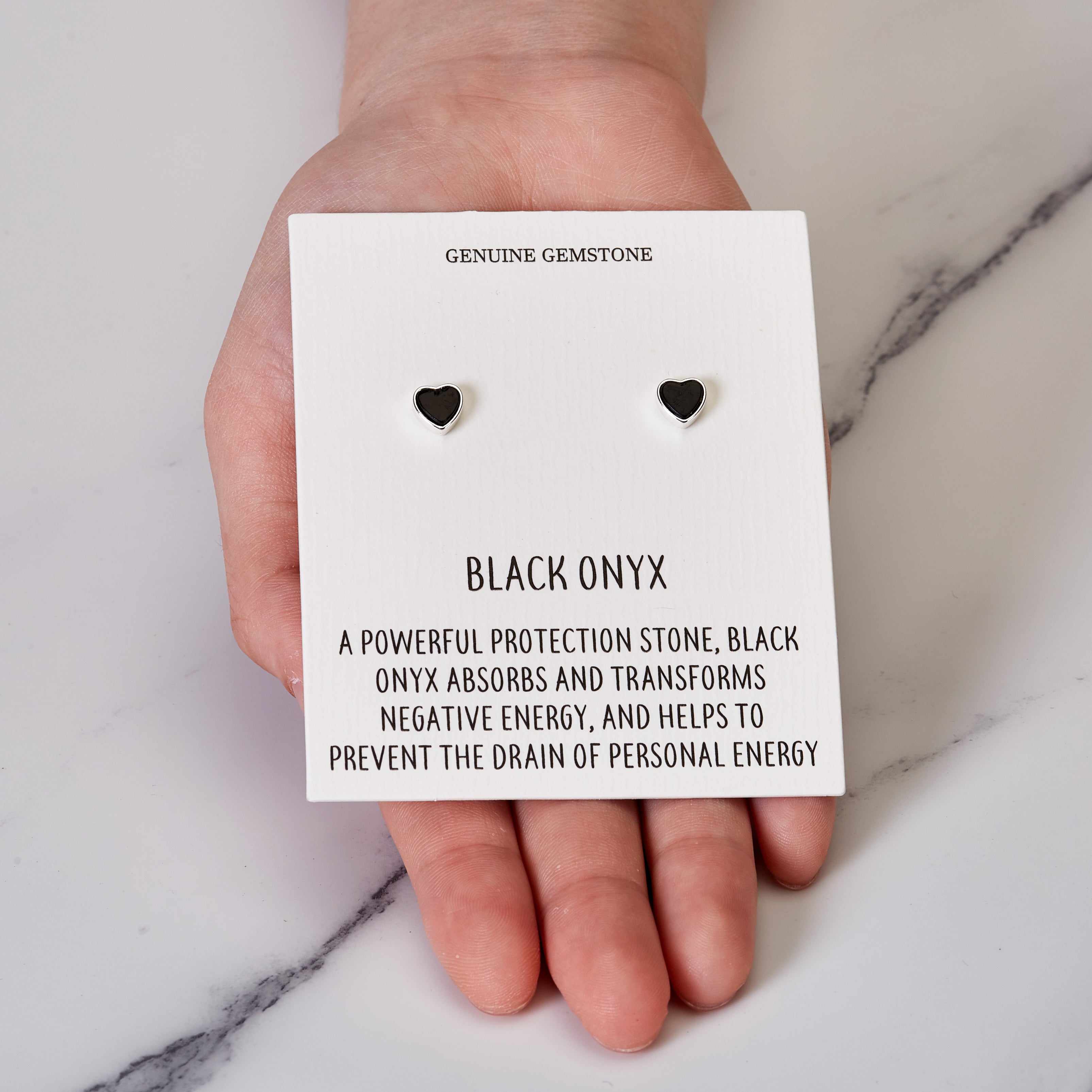 Black Onyx Heart Stud Earrings with Quote Card