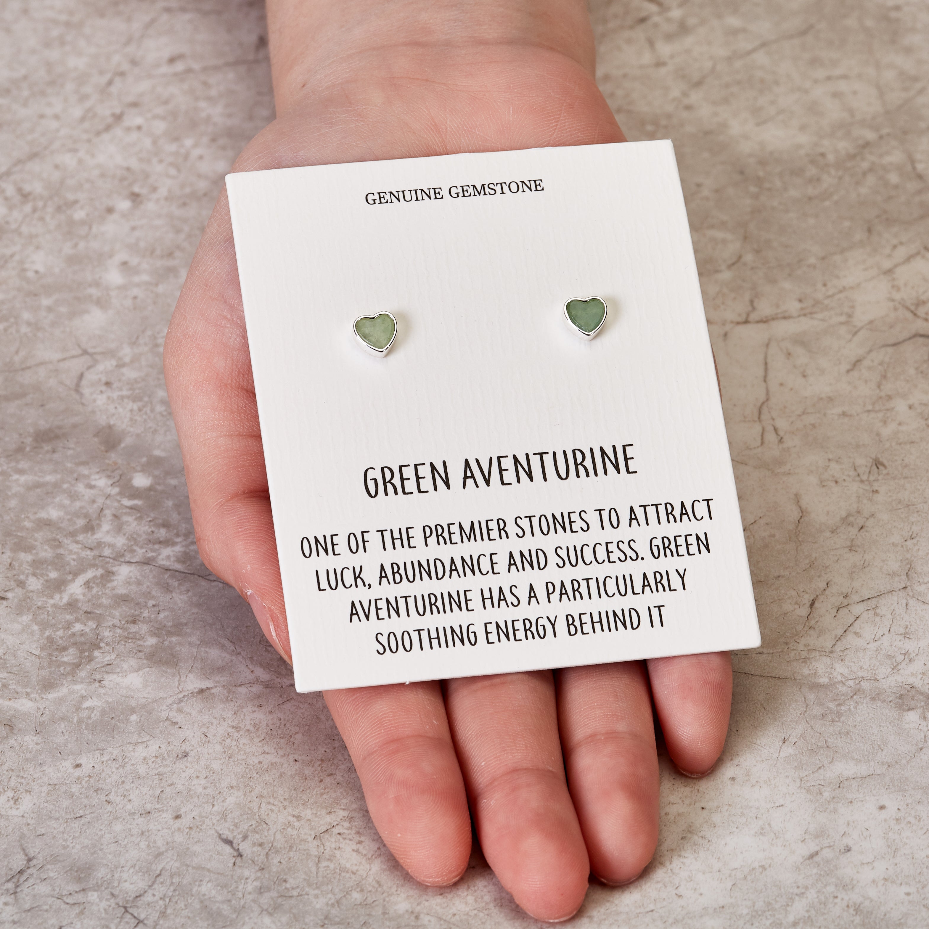 Green Aventurine Heart Stud Earrings with Quote Card