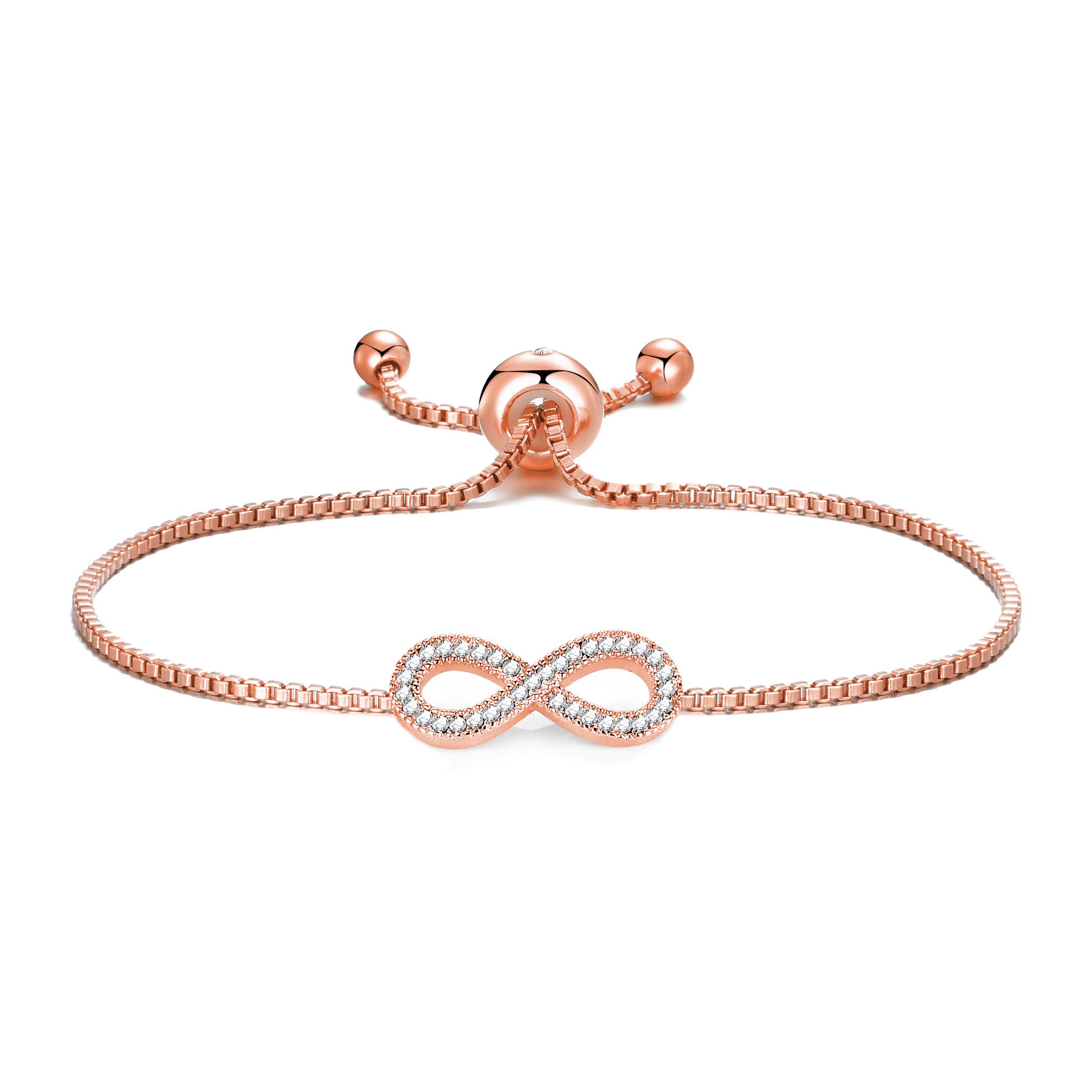 Rose Gold Plated Infinity Friendship Bracelet Created with Zircondia® Crystals by Philip Jones Jewellery