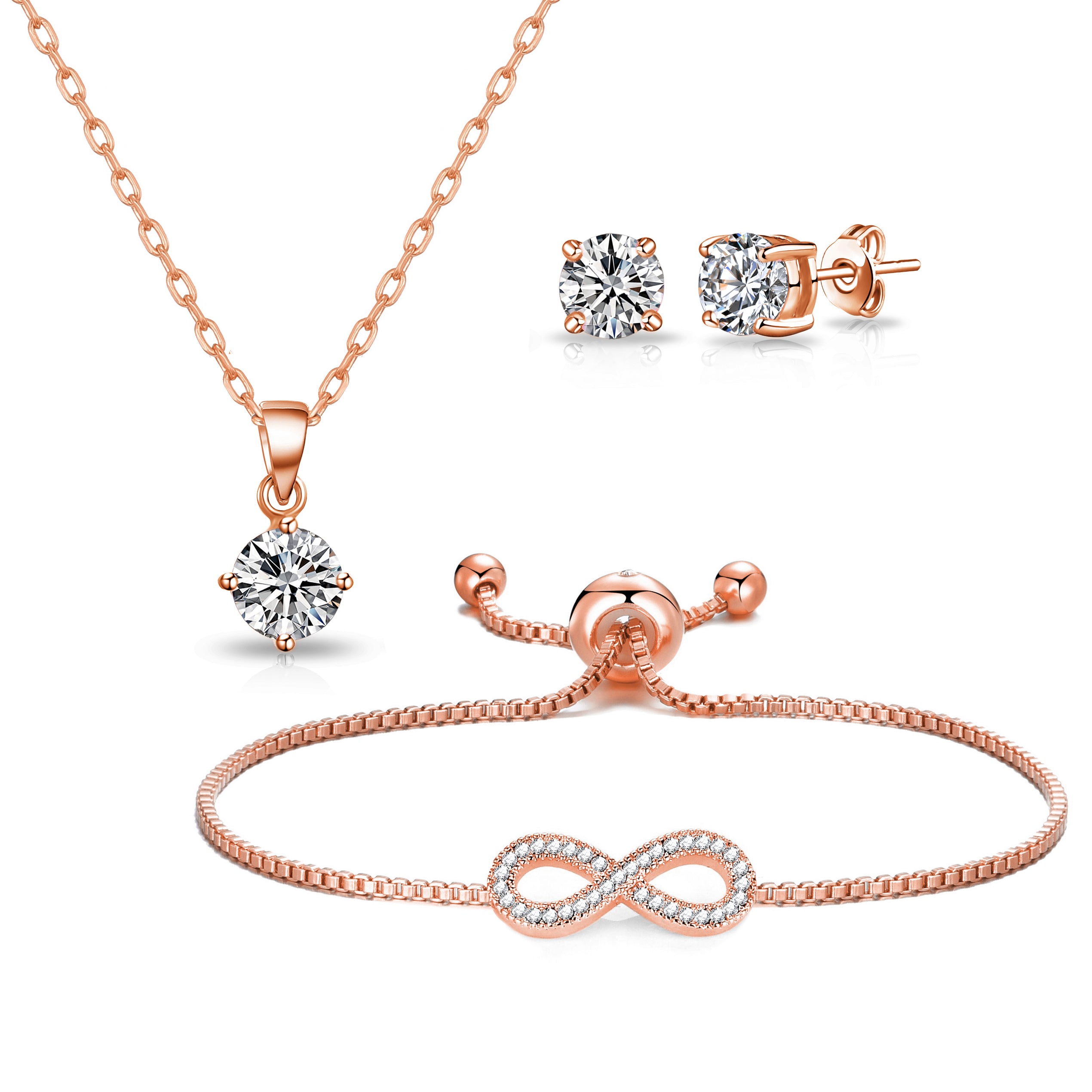 Rose Gold Plated Infinity Friendship Set Created with Zircondia® Crystals by Philip Jones Jewellery