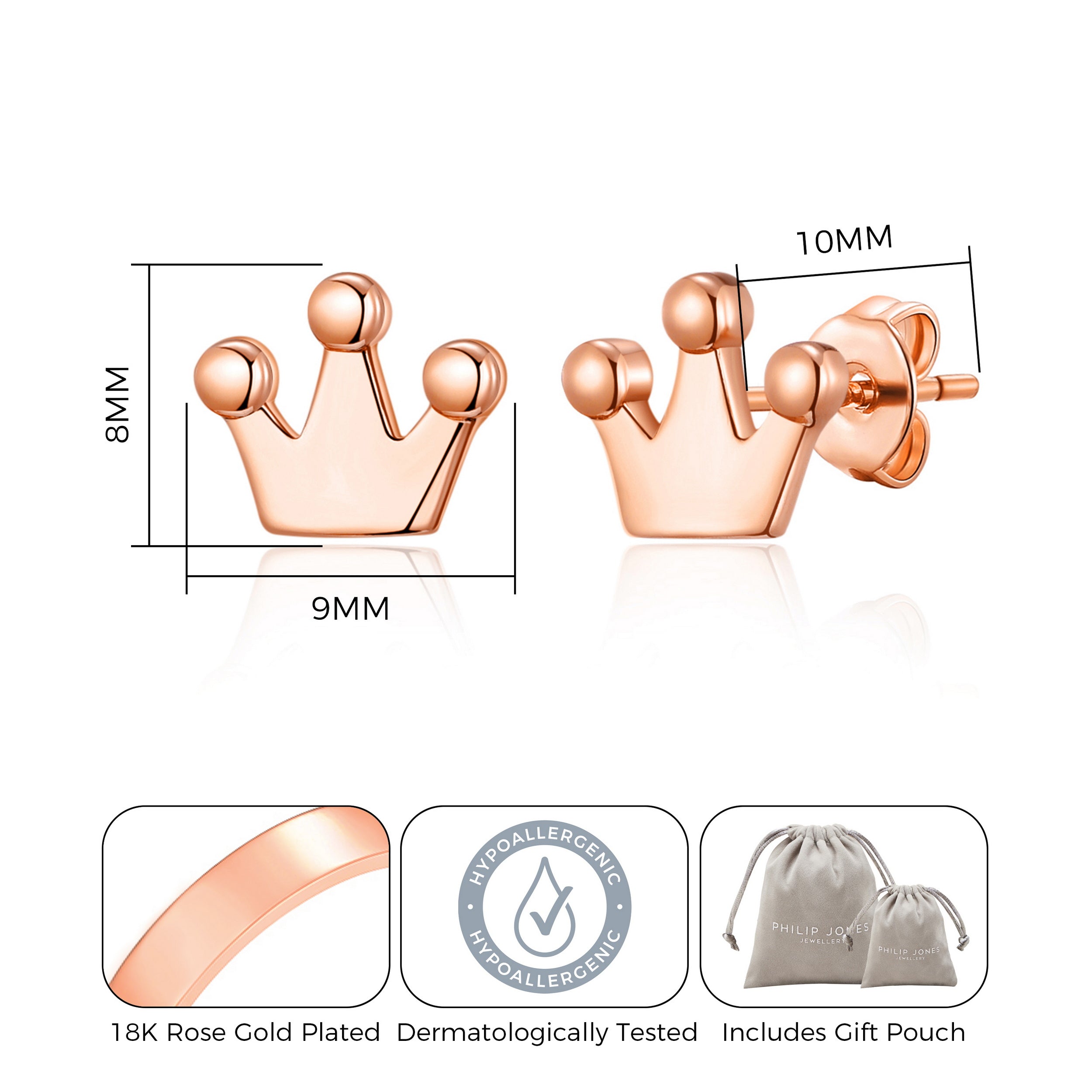 Rose Gold Plated Crown Stud Earrings