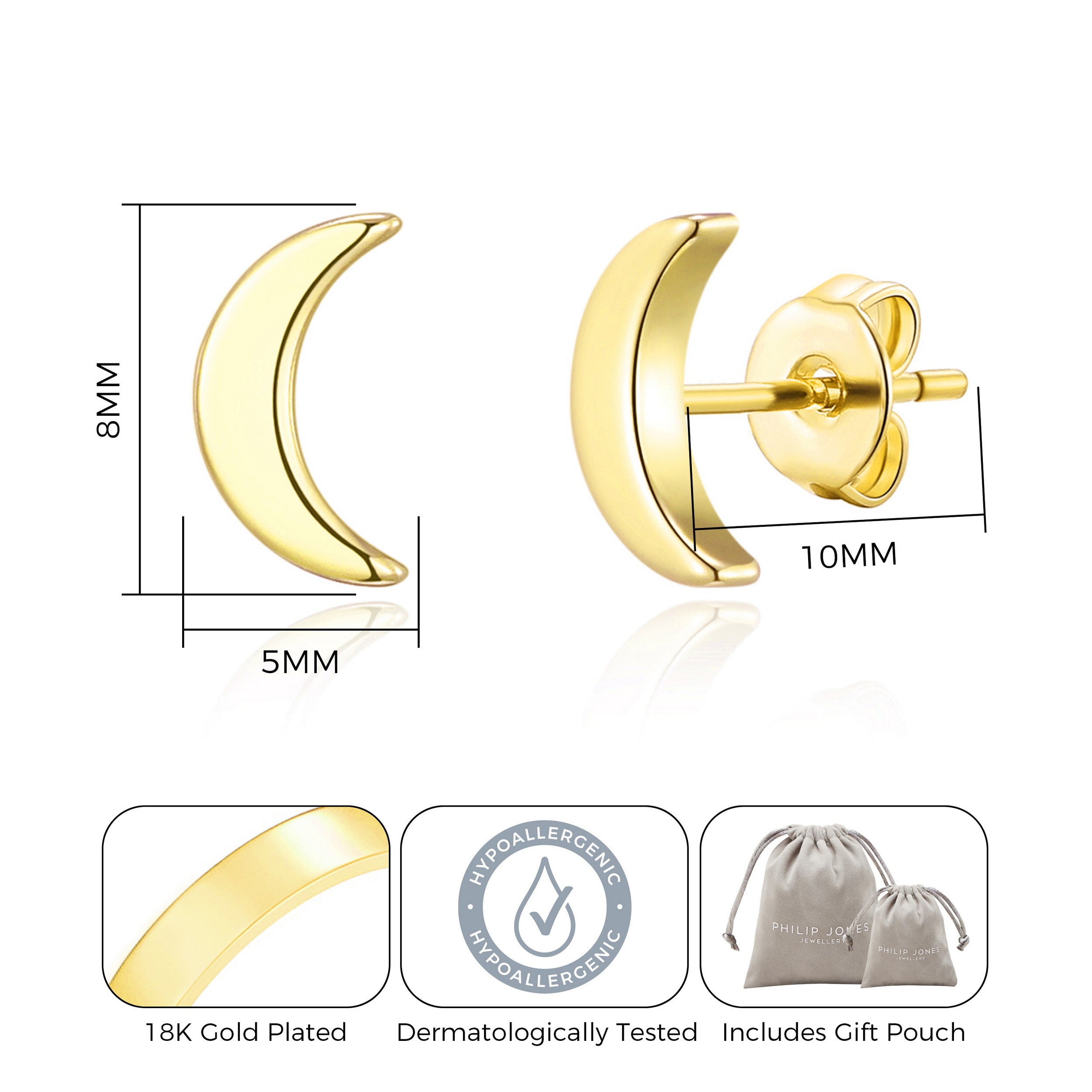 Gold Plated Moon Stud Earrings