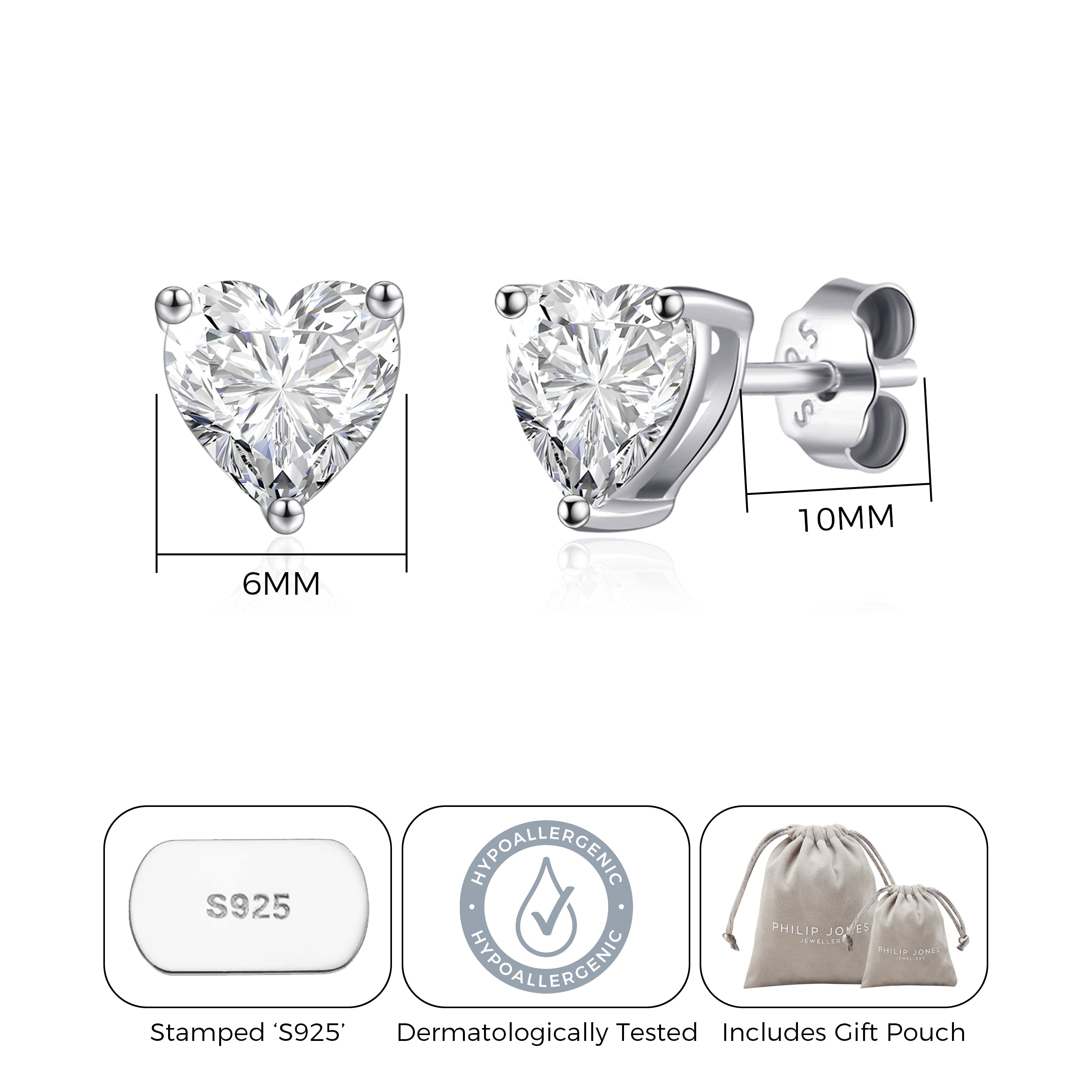 Sterling Silver Heart Stud Earrings Created with Zircondia® Crystals