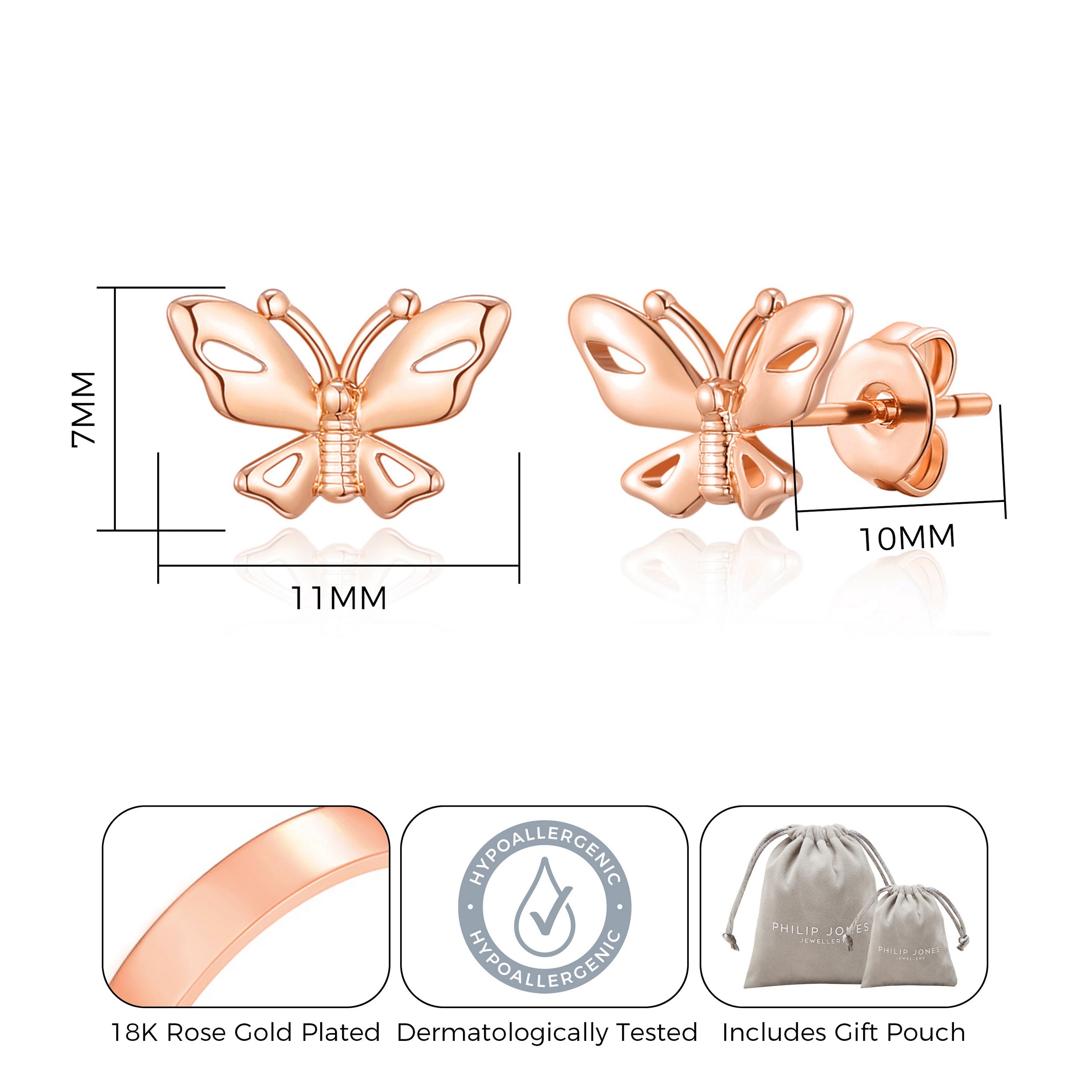 Rose Gold Plated Butterfly Stud Earrings