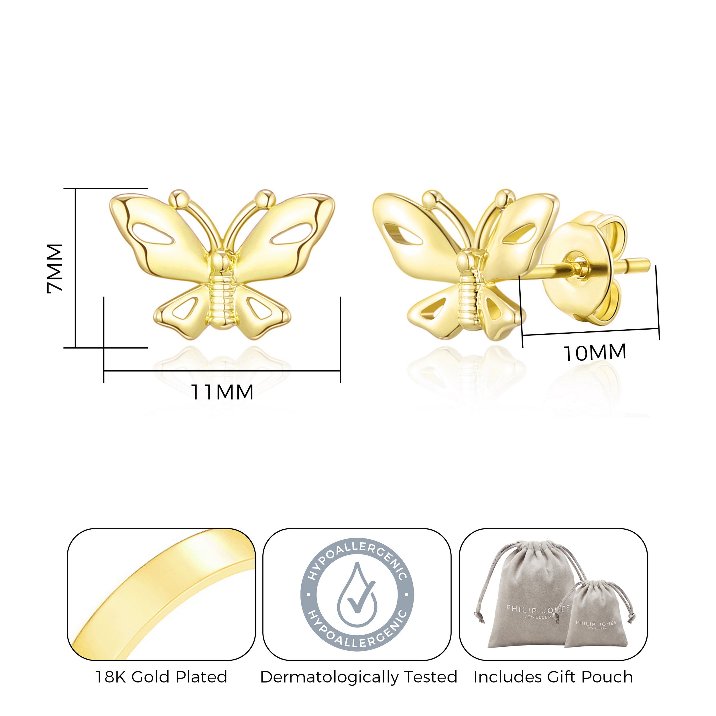 Gold Plated Butterfly Stud Earrings