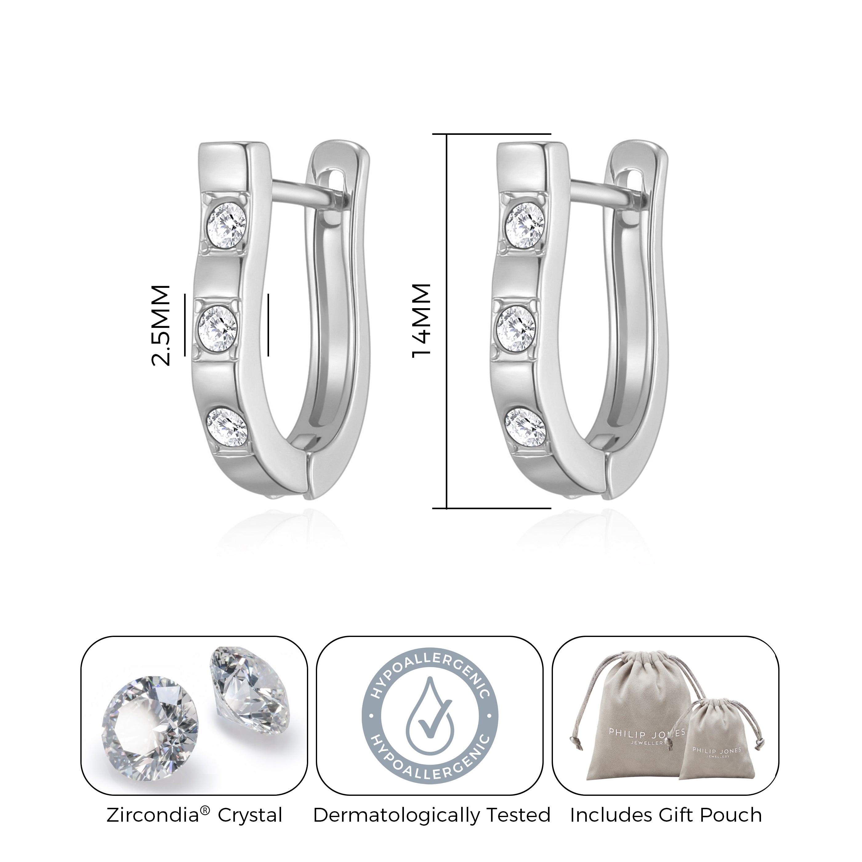 Silver Plated Three Stone Hoop Earrings Created with Zircondia® Crystals