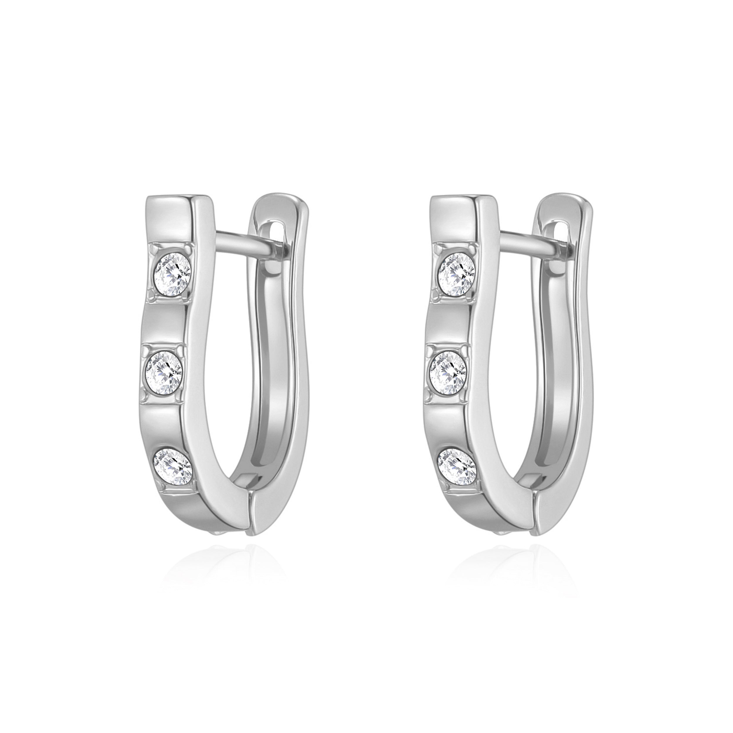 Silver Plated Three Stone Hoop Earrings Created with Zircondia® Crystals