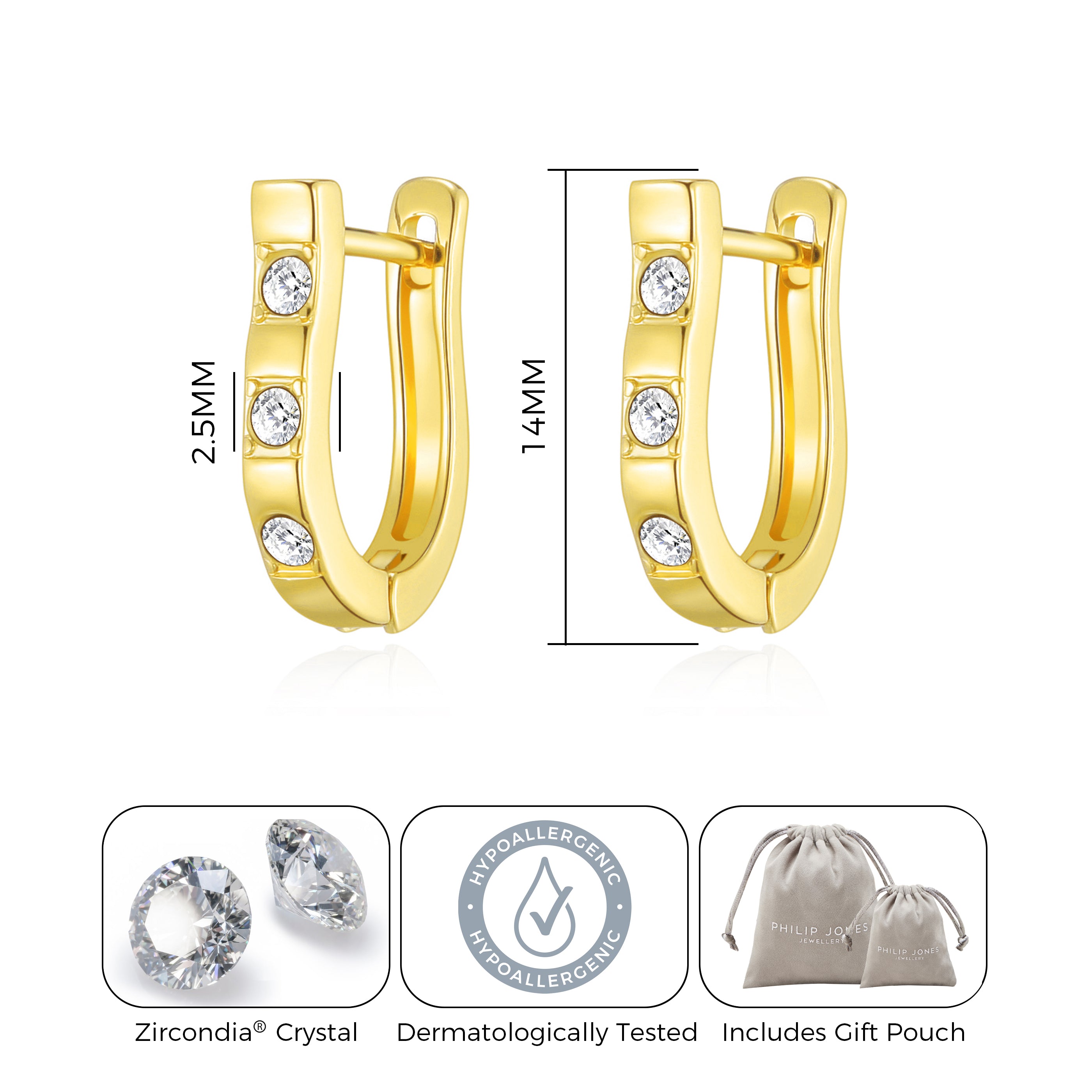 Gold Plated Three Stone Hoop Earrings Created with Zircondia® Crystals