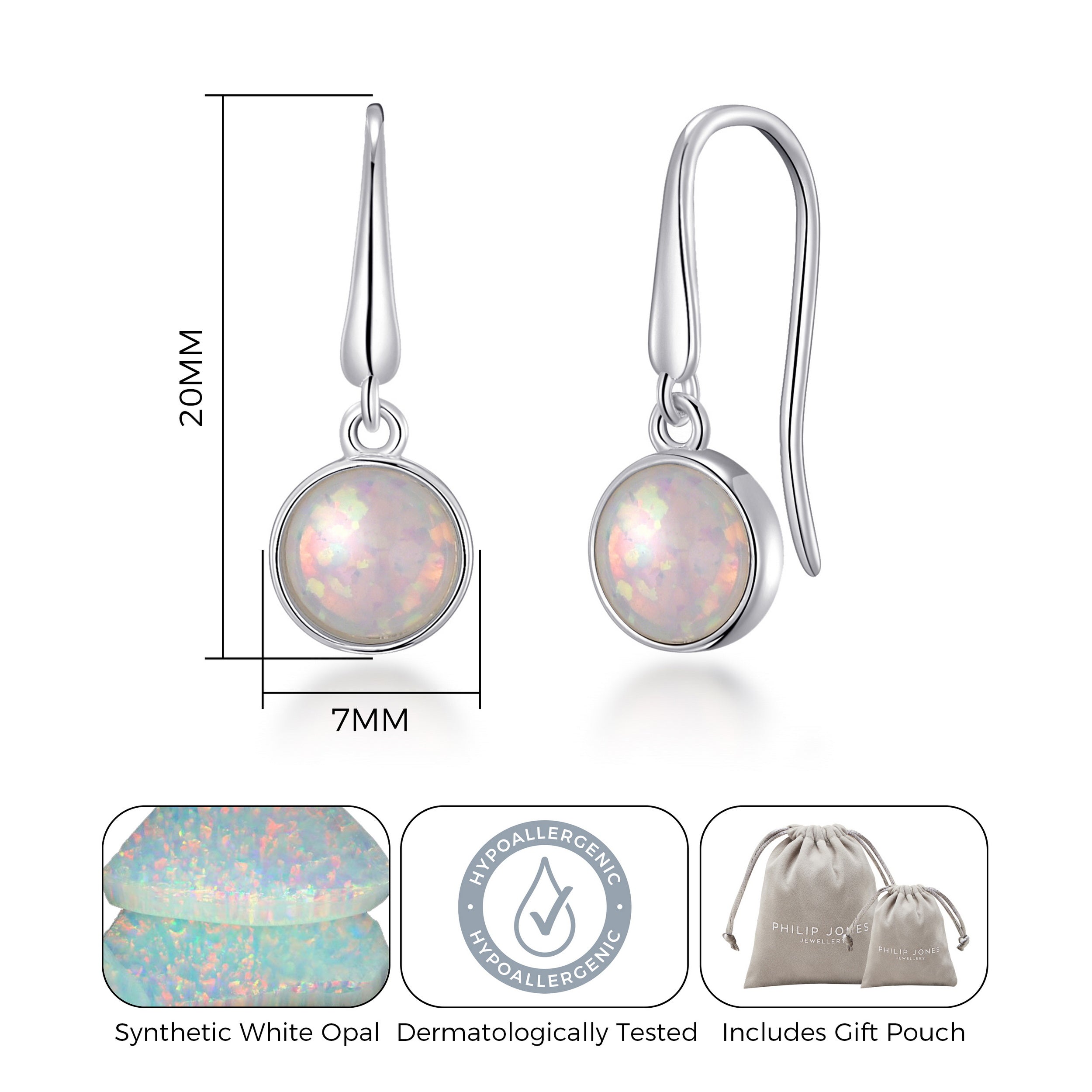 Synthetic White Opal Drop Earrings with Quote Card