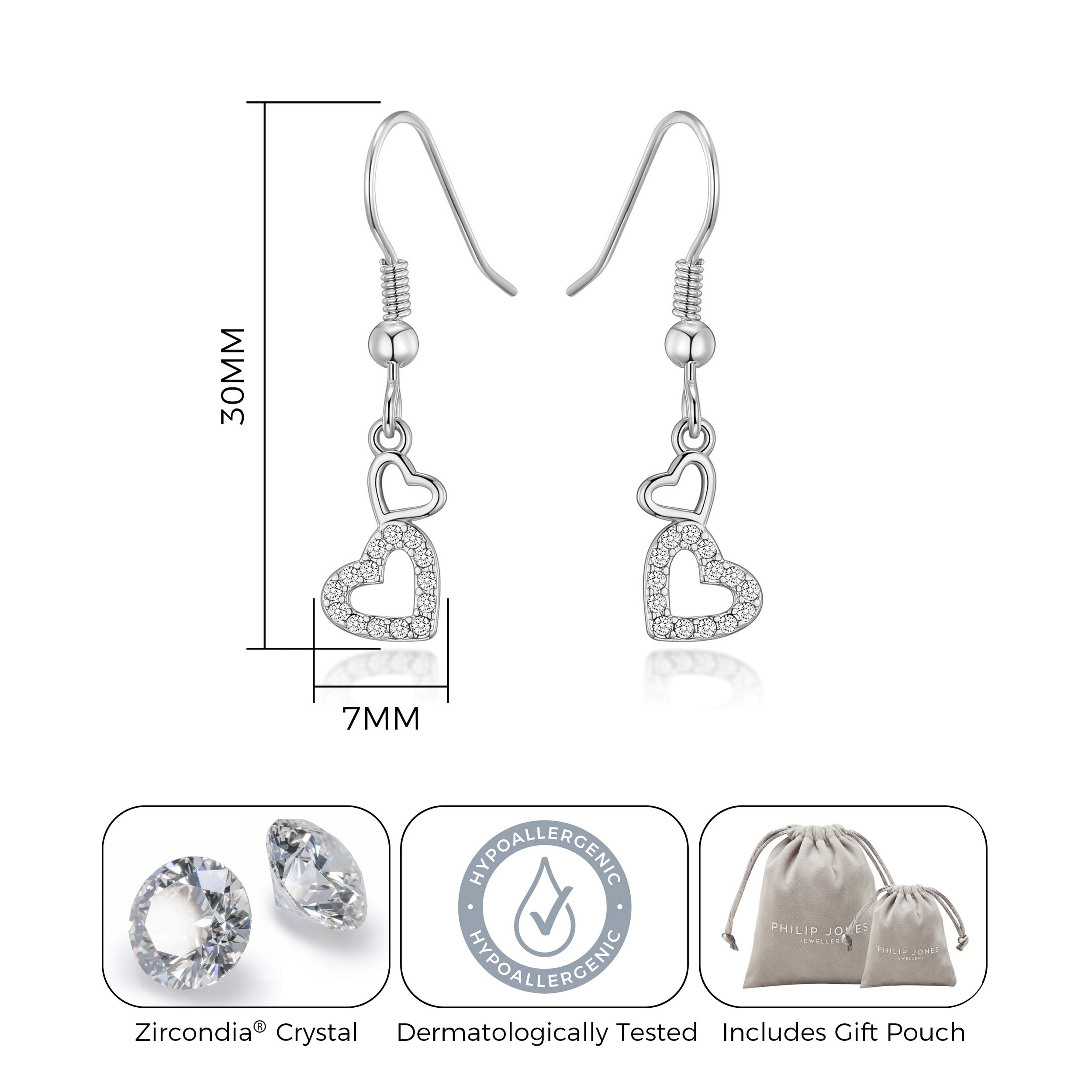 Silver Plated Double Heart Drop Earrings Created with Zircondia® Crystals