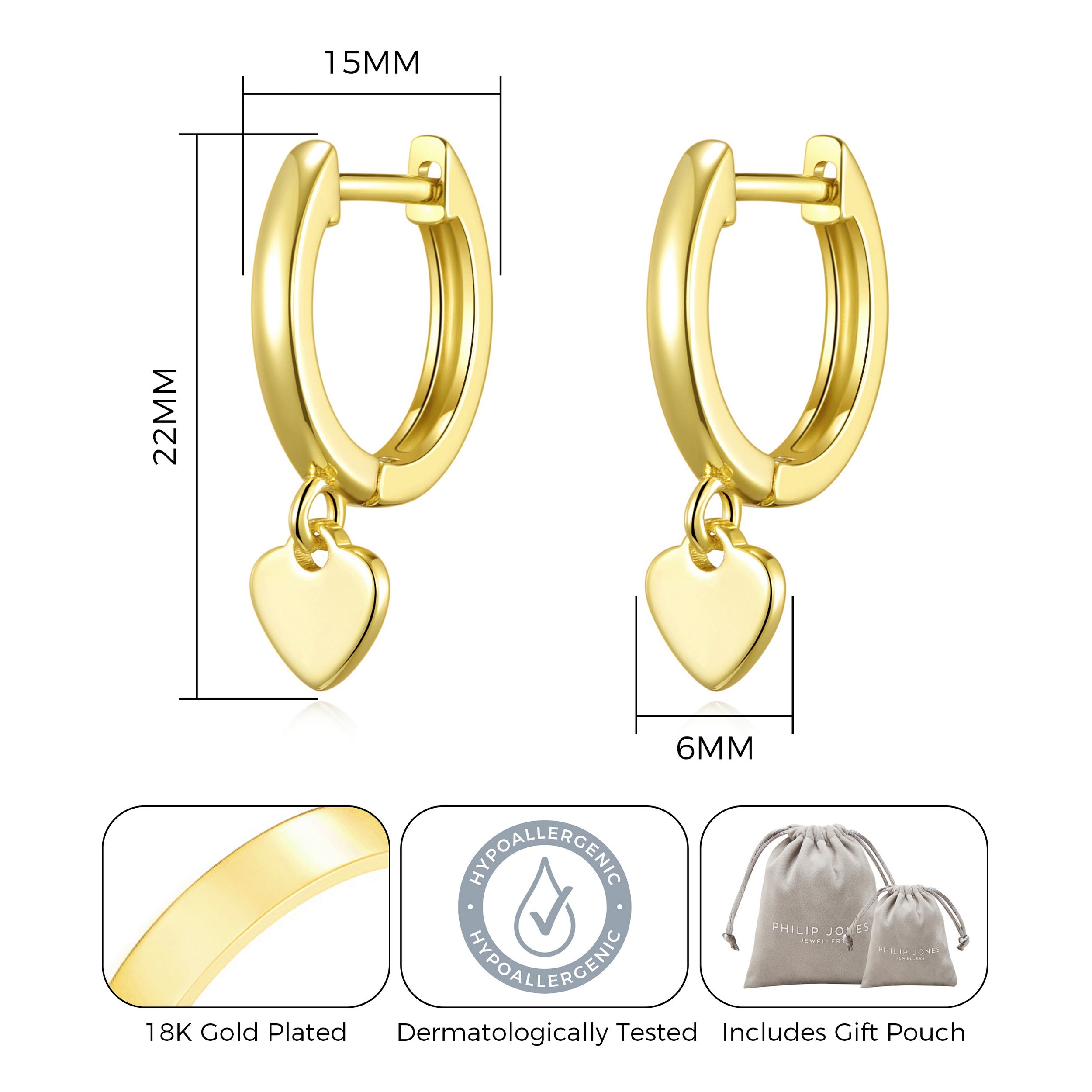 Gold Plated Heart Charm Hoop Earrings