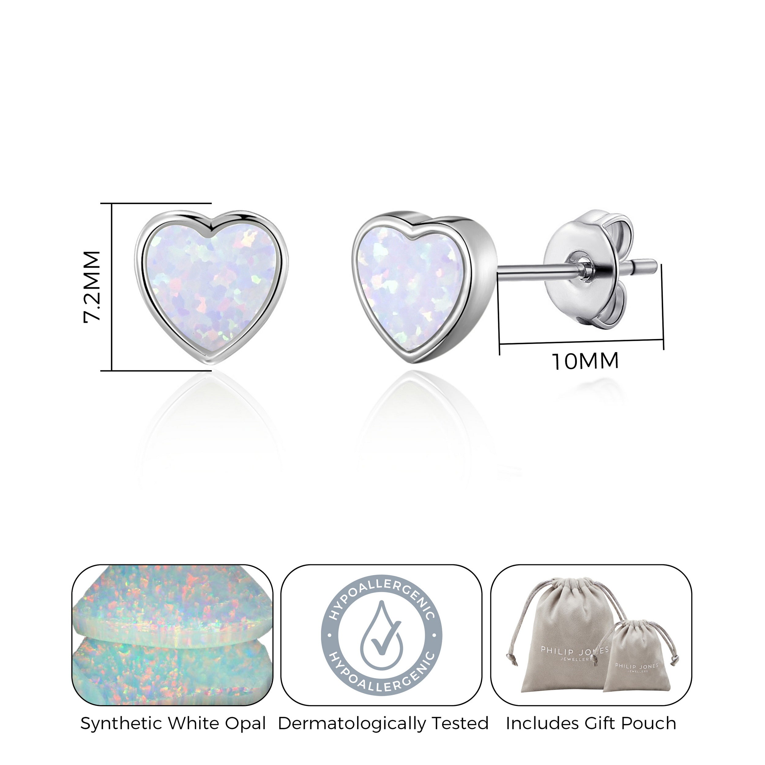 Synthetic White Opal Heart Stud Earrings