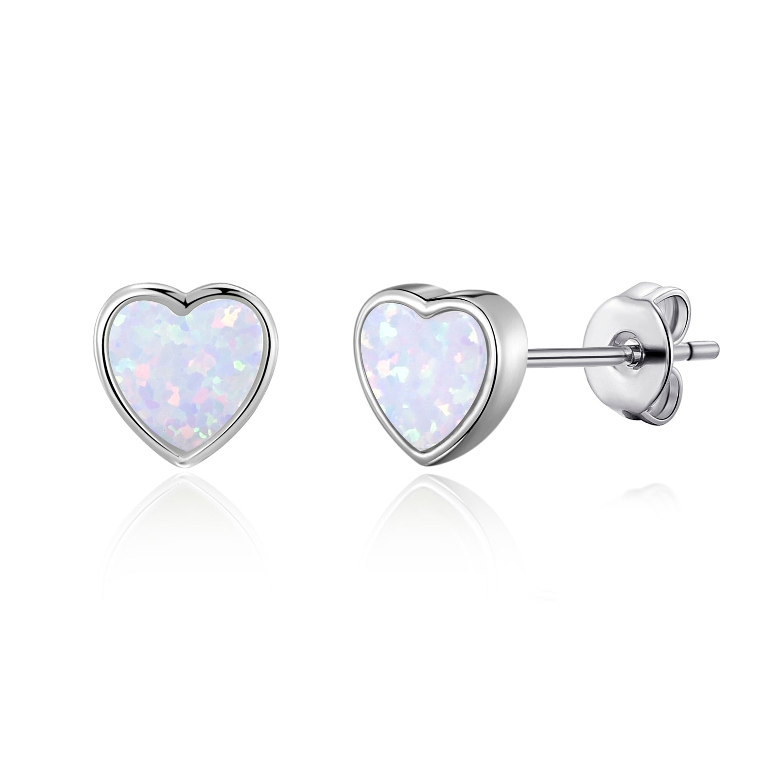 Synthetic White Opal Heart Stud Earrings