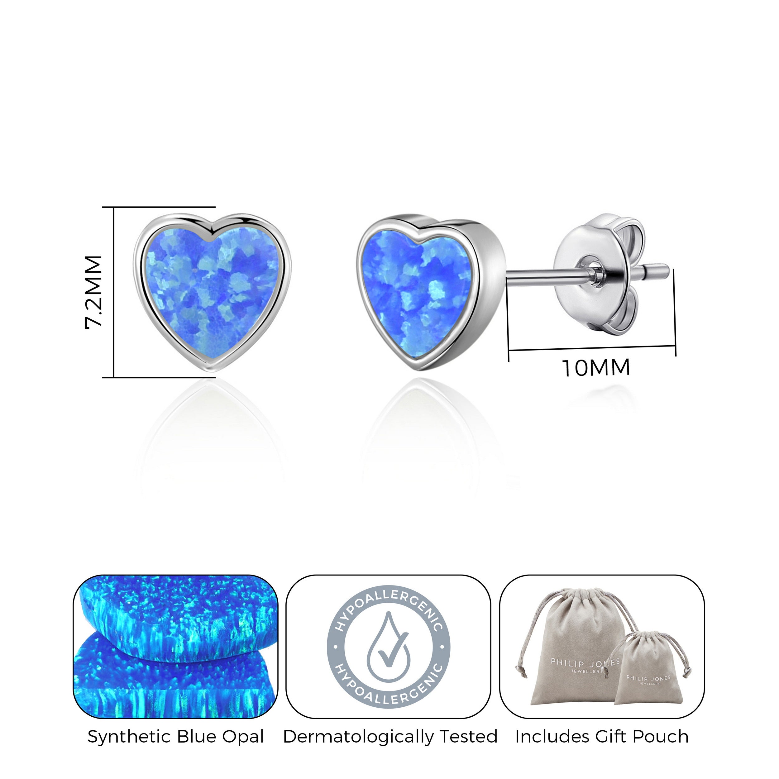 Synthetic Blue Opal Heart Stud Earrings