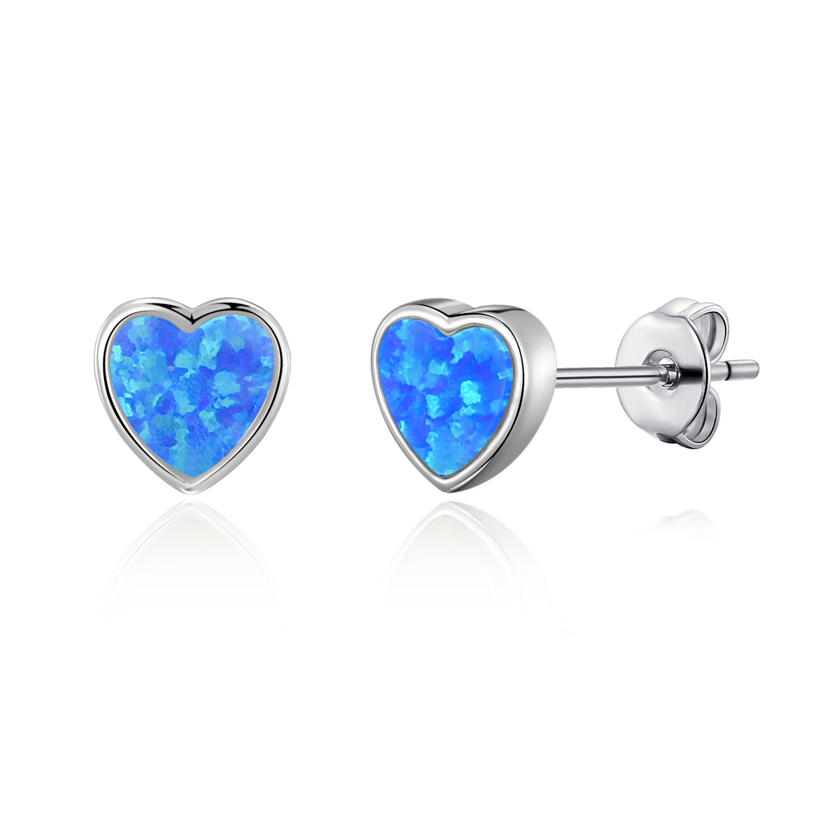 Synthetic Blue Opal Heart Stud Earrings