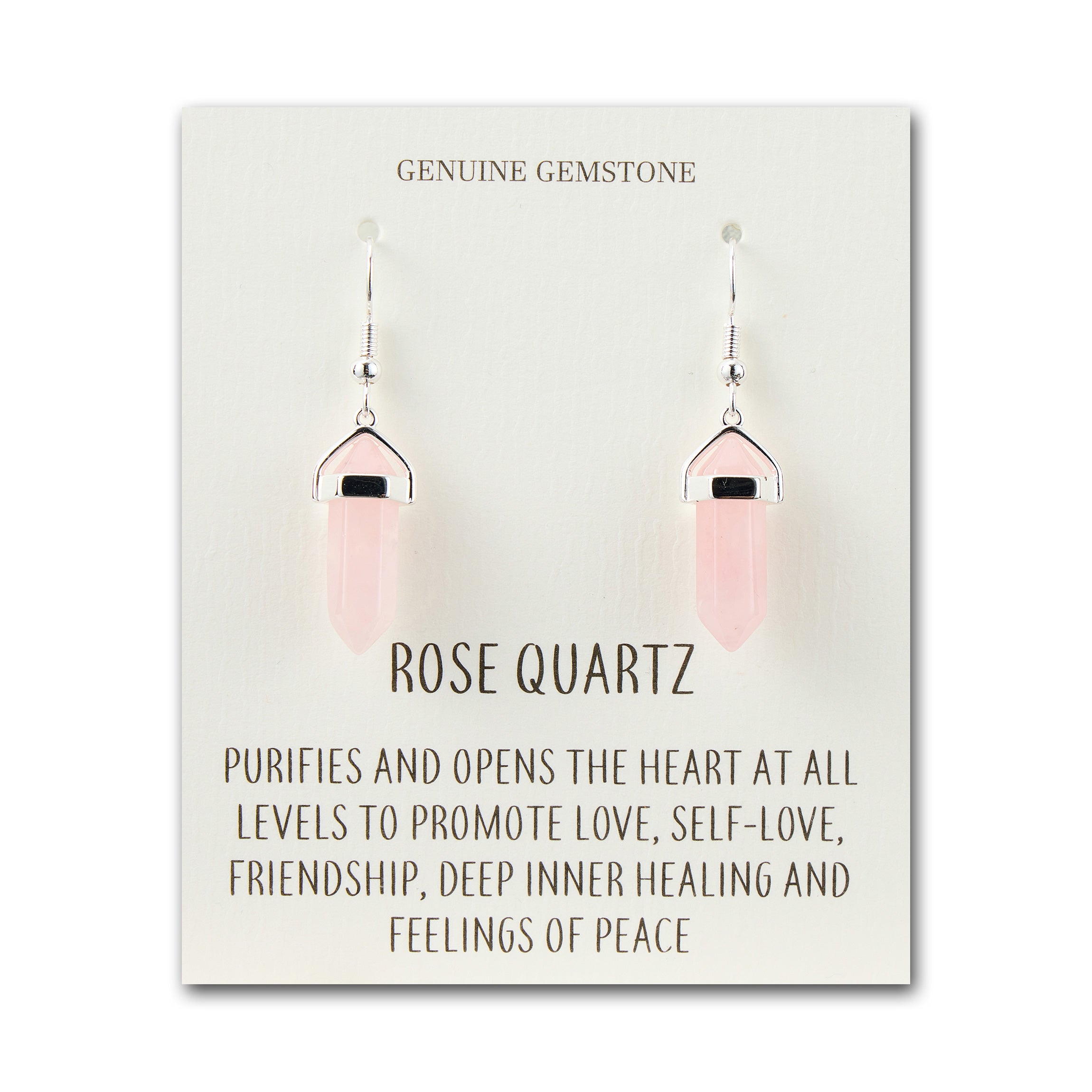 Rose Quartz Gemstone Drop Earrings with Quote Card