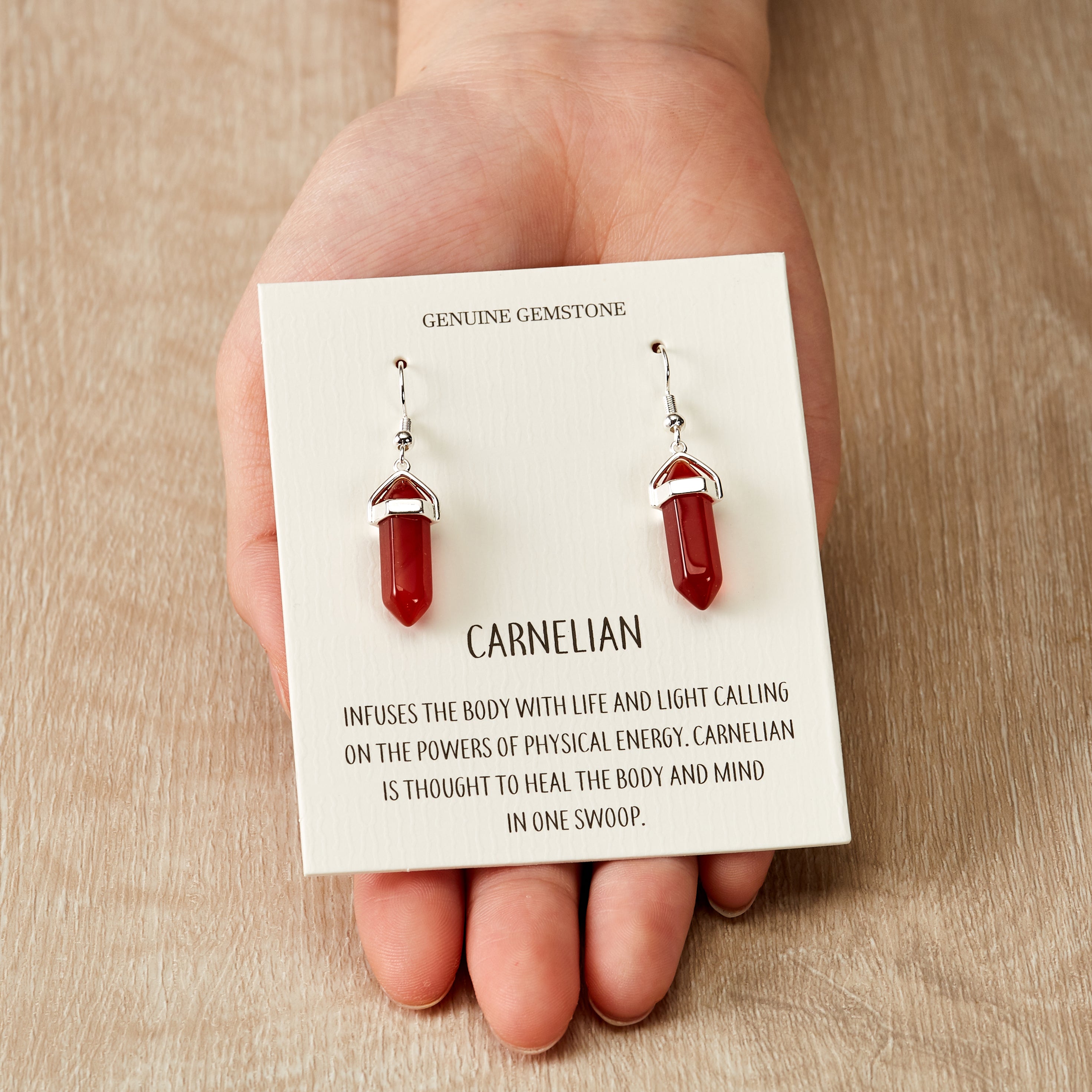 Carnelian Gemstone Drop Earrings with Quote Card