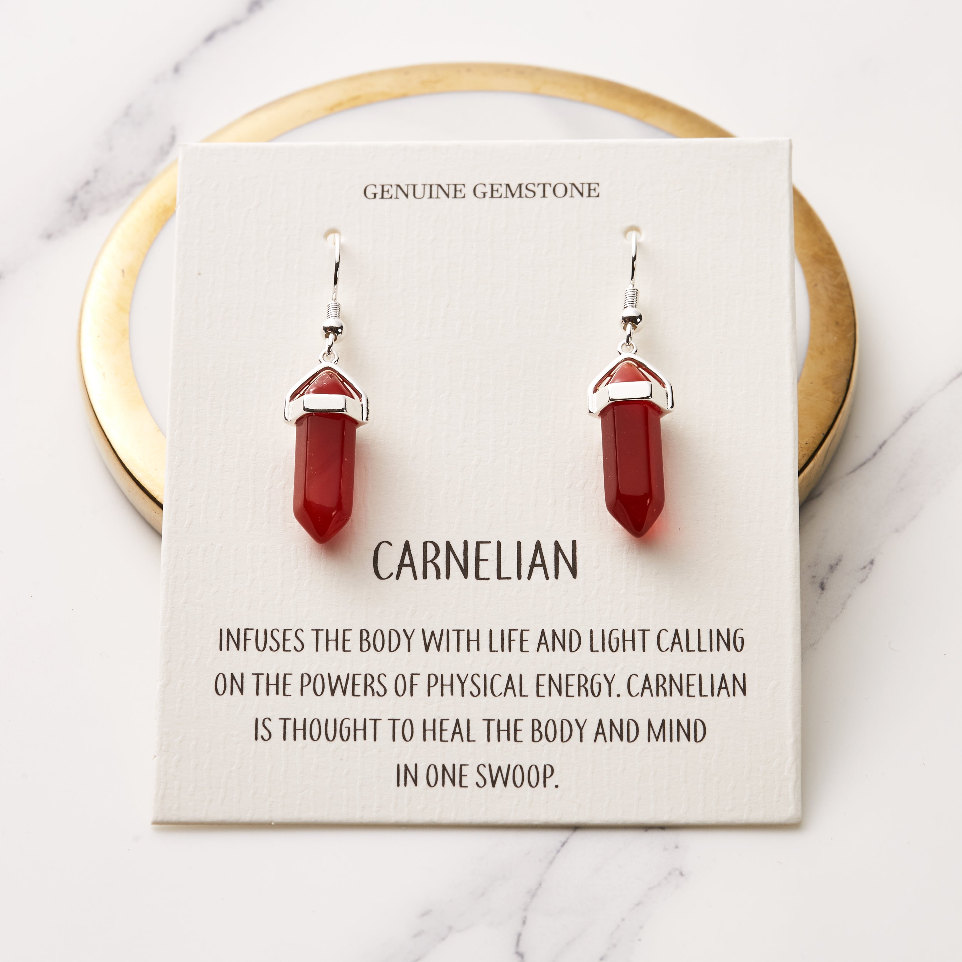 Carnelian Gemstone Drop Earrings with Quote Card