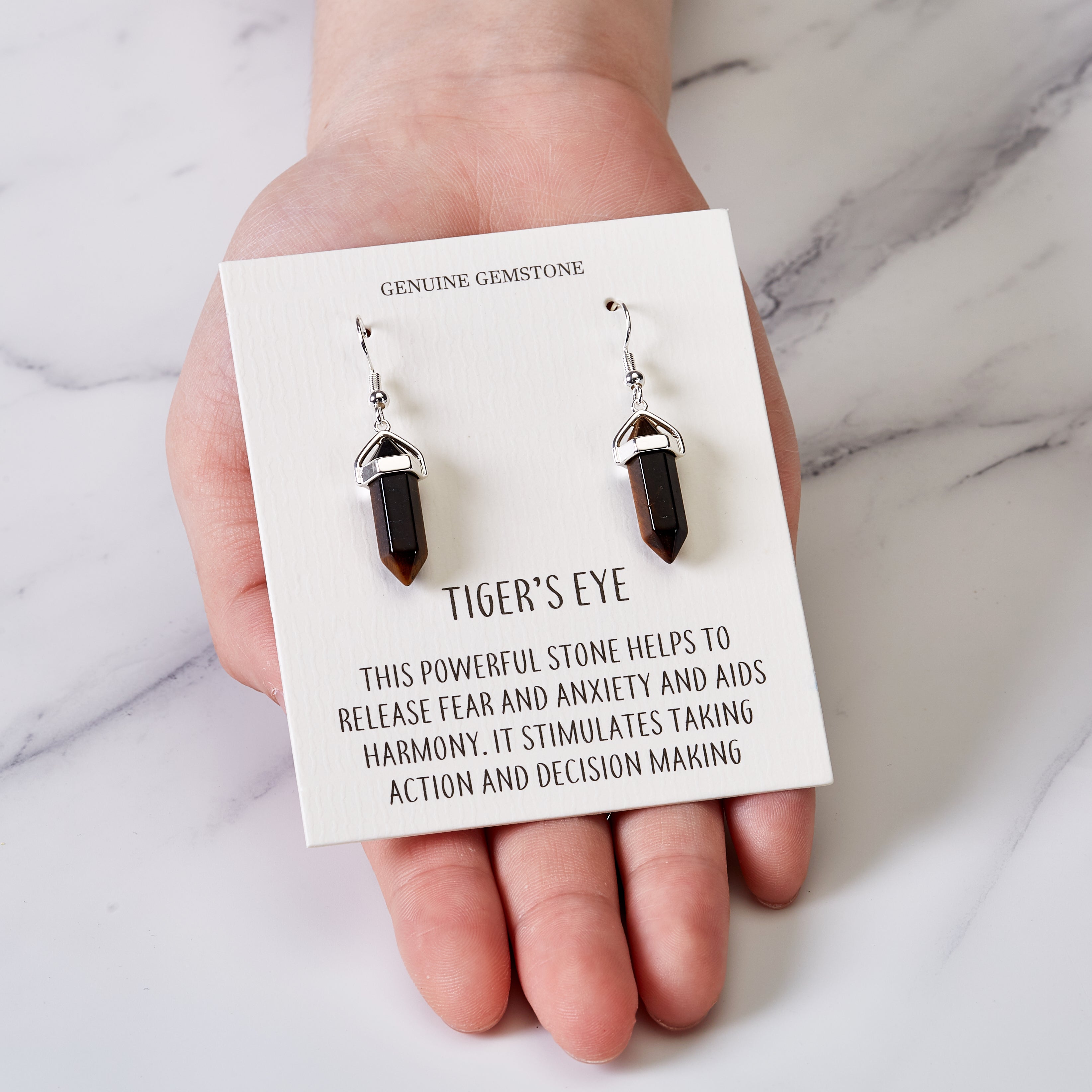 Tiger's Eye Gemstone Drop Earrings with Quote Card