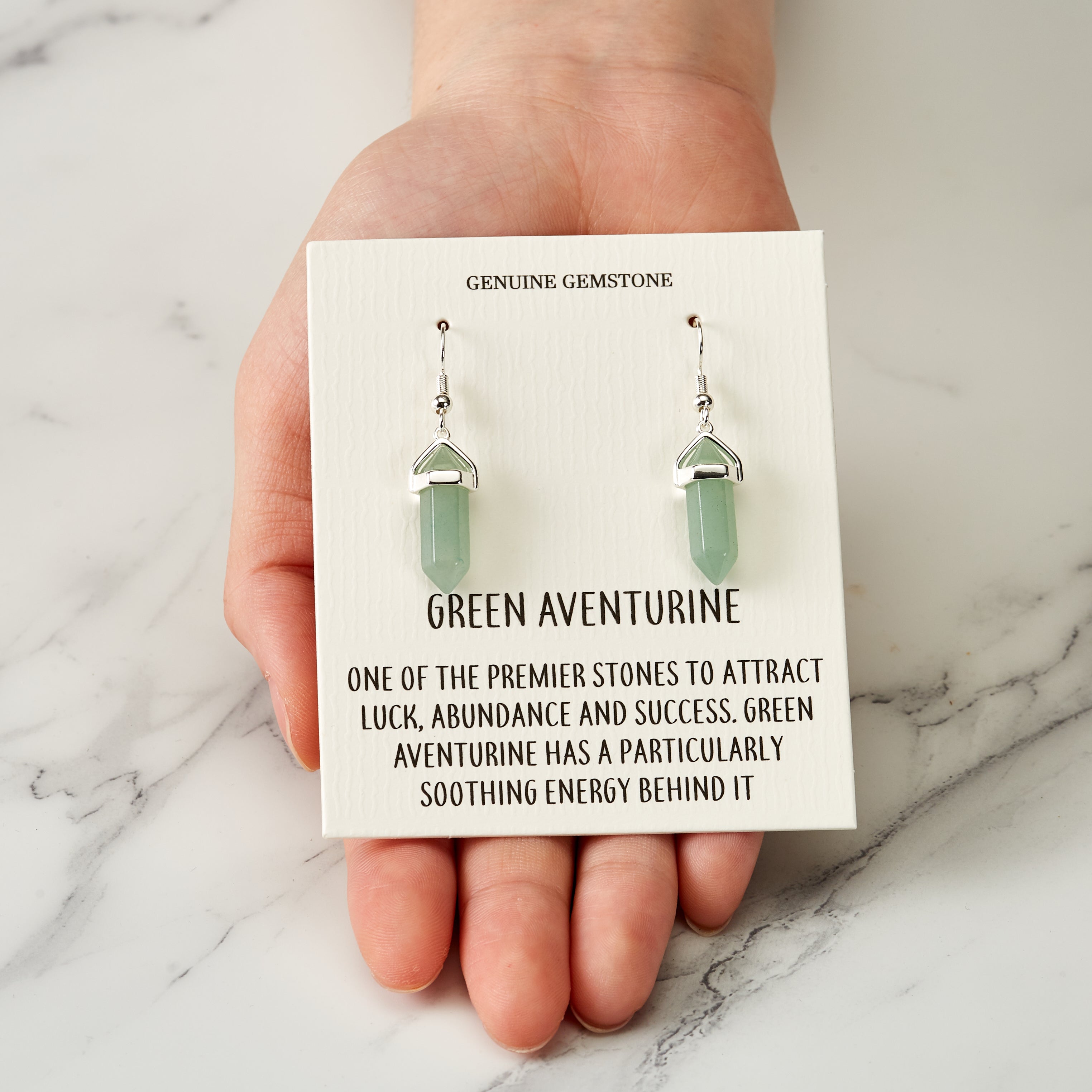 Green Aventurine Gemstone Drop Earrings with Quote Card