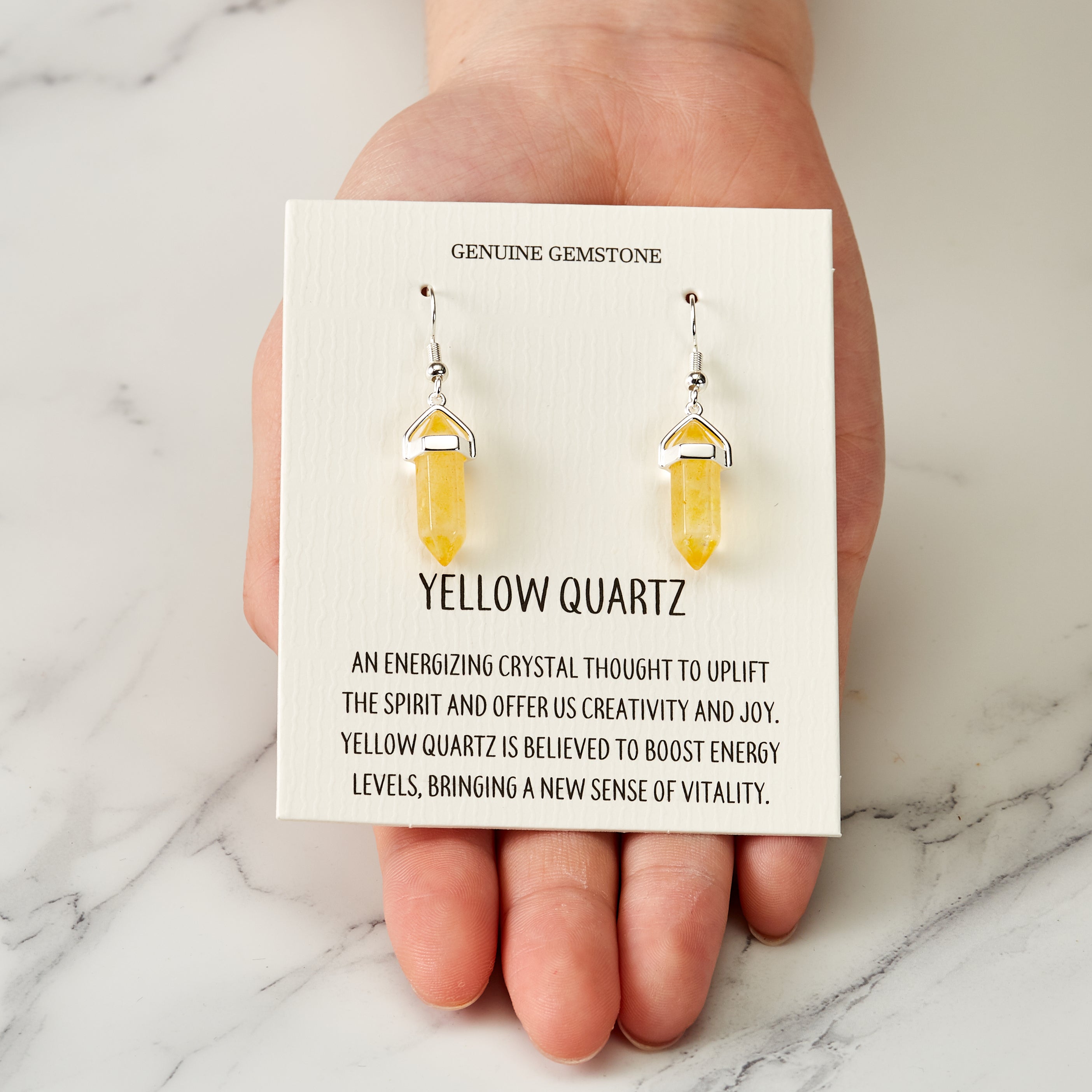 Yellow Quartz Gemstone Drop Earrings with Quote Card