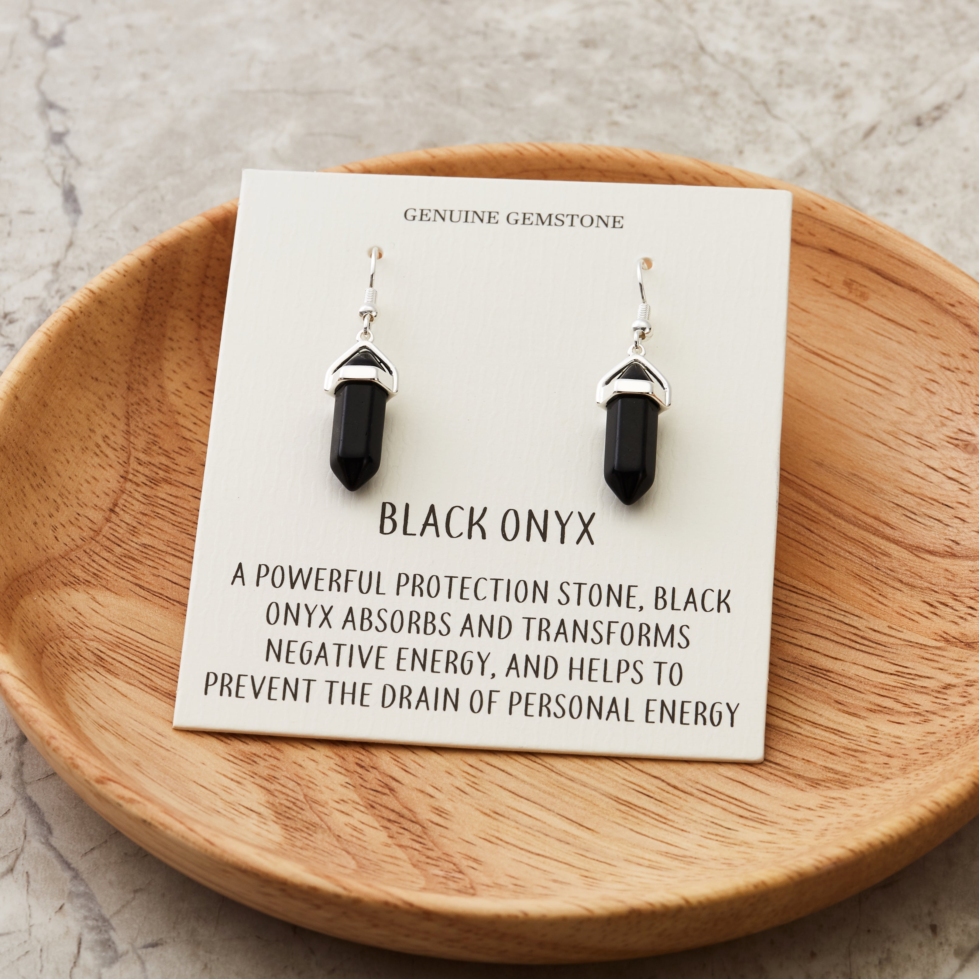 Black Onyx Gemstone Drop Earrings with Quote Card