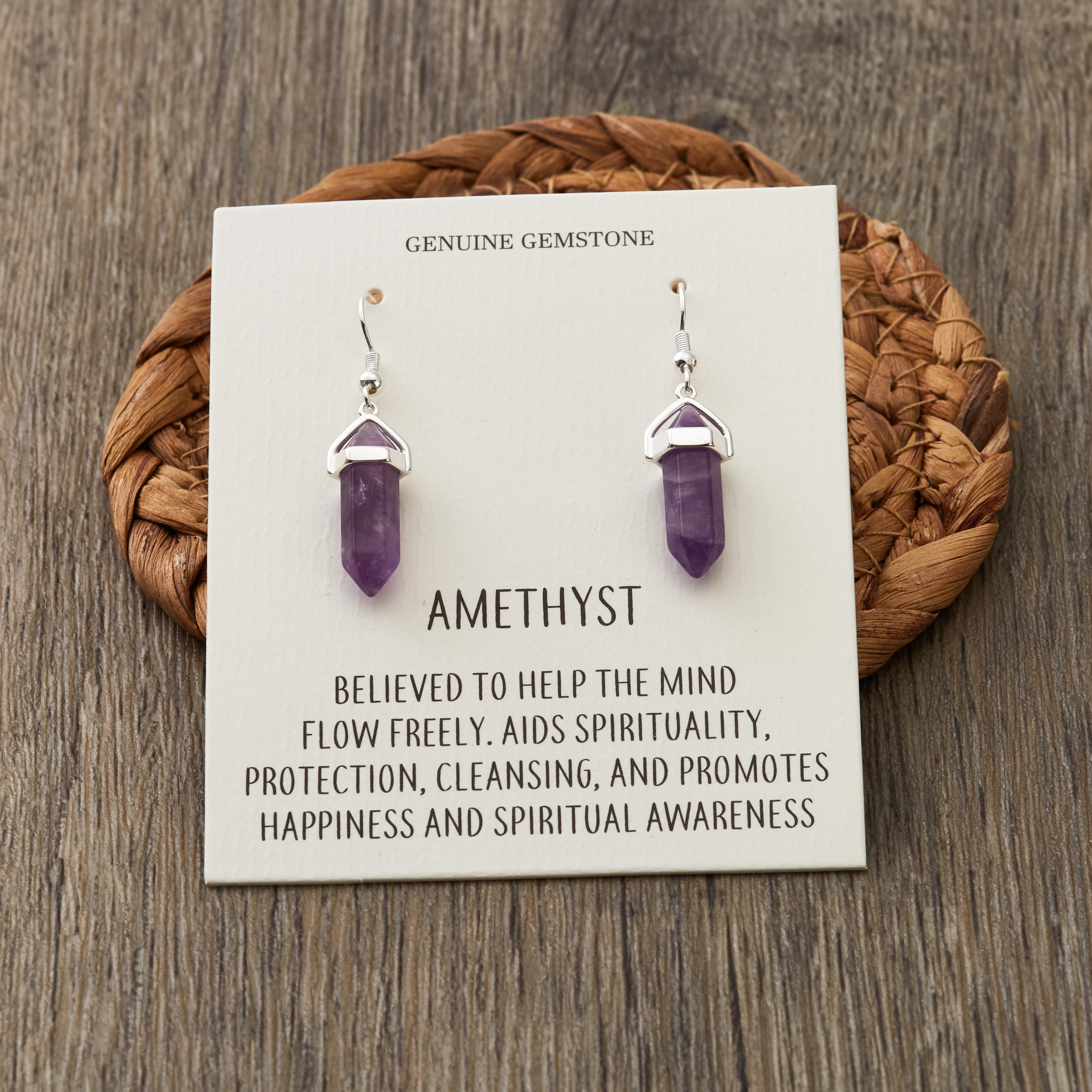 Amethyst Gemstone Drop Earrings with Quote Card