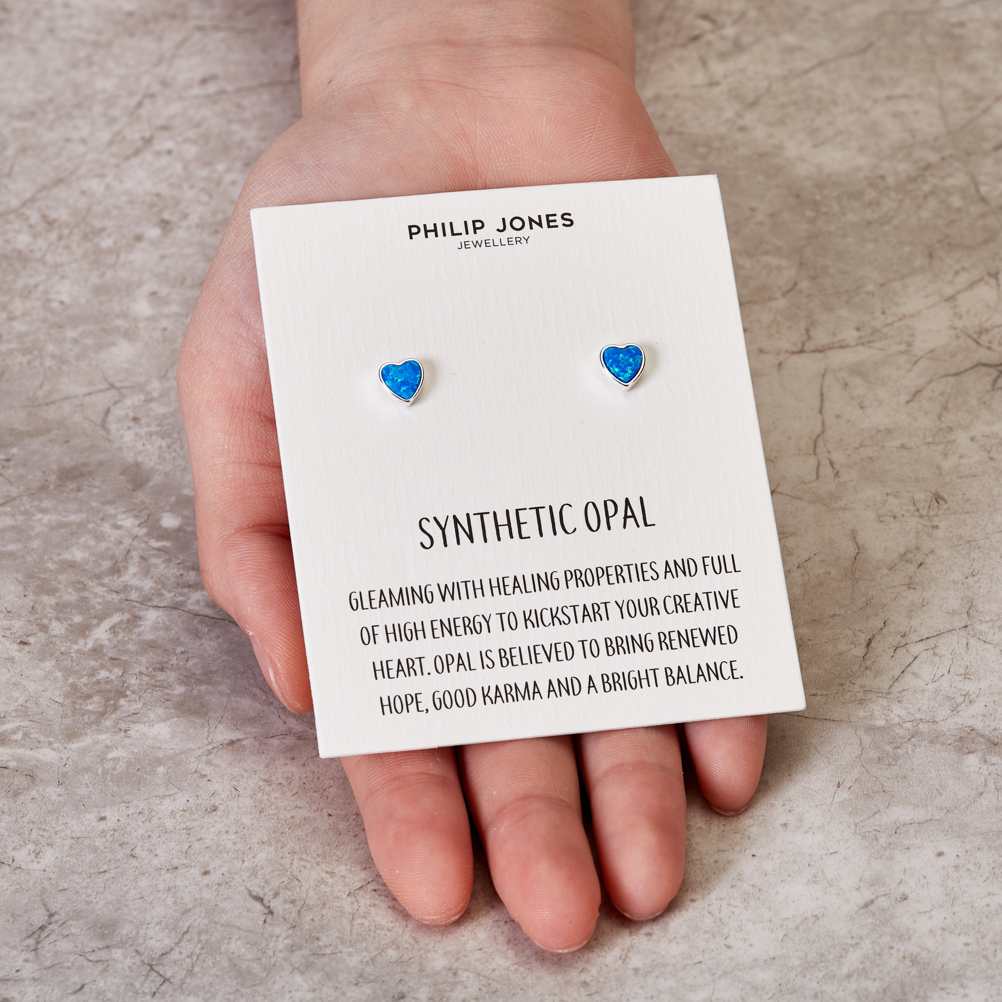 Synthetic Blue Opal Heart Stud Earrings with Quote Card