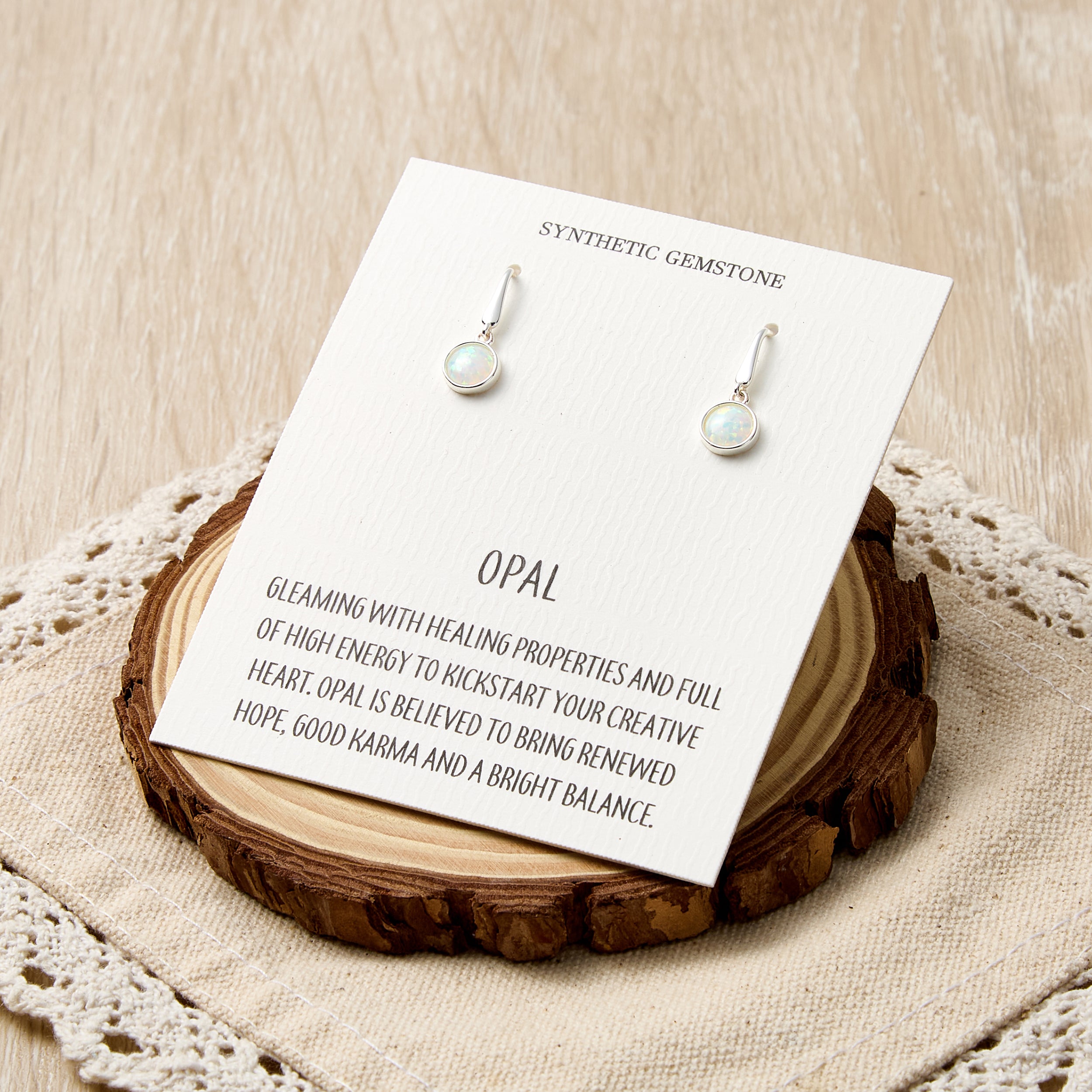 Synthetic White Opal Drop Earrings with Quote Card