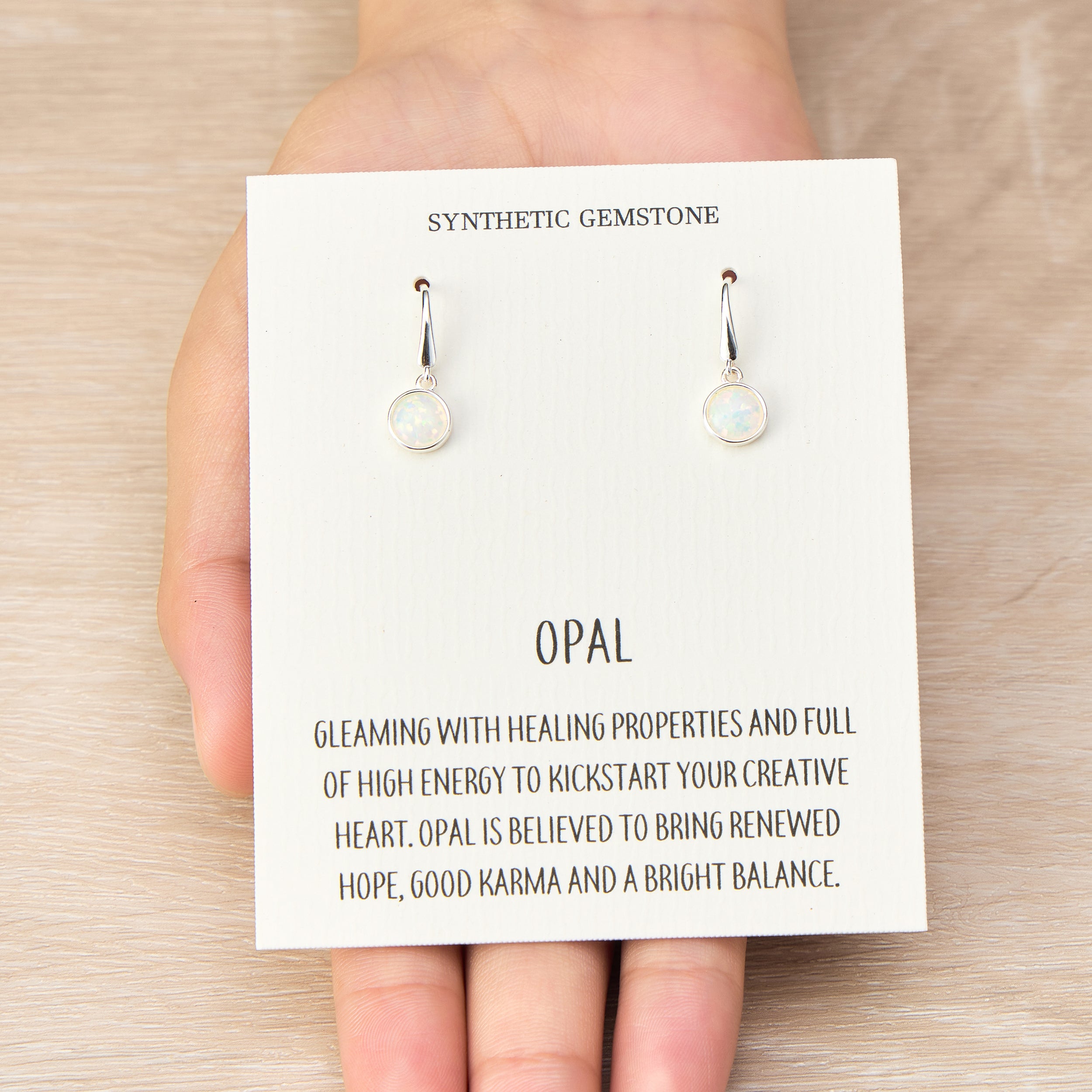 Synthetic White Opal Drop Earrings with Quote Card