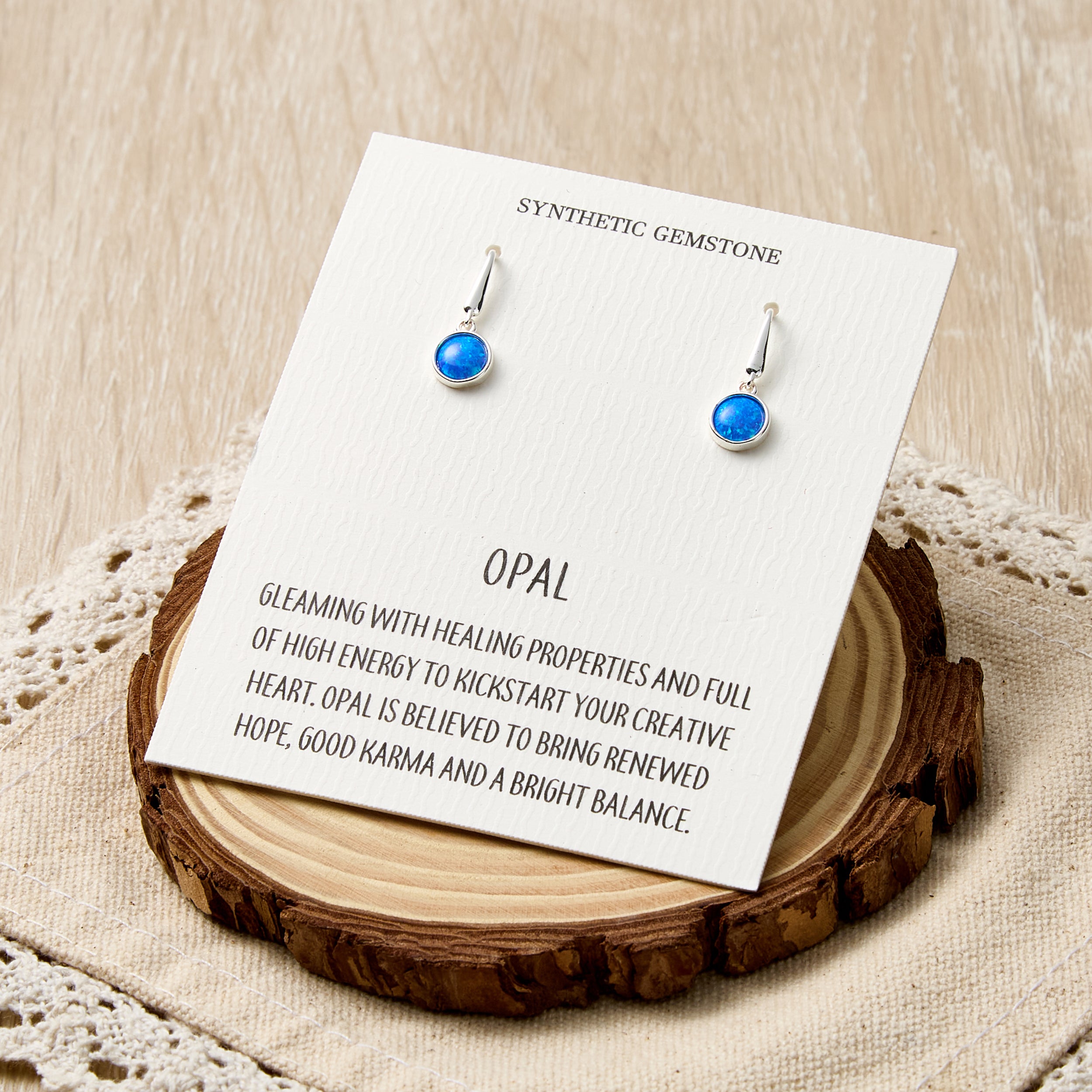 Synthetic Blue Opal Drop Earrings with Quote Card