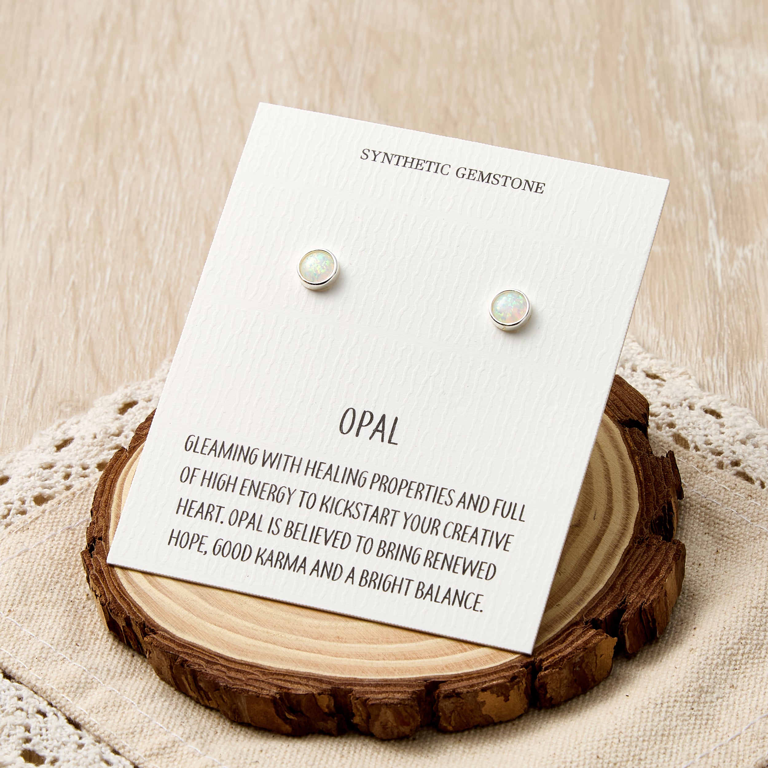 Synthetic White Opal Stud Earrings with Quote Card