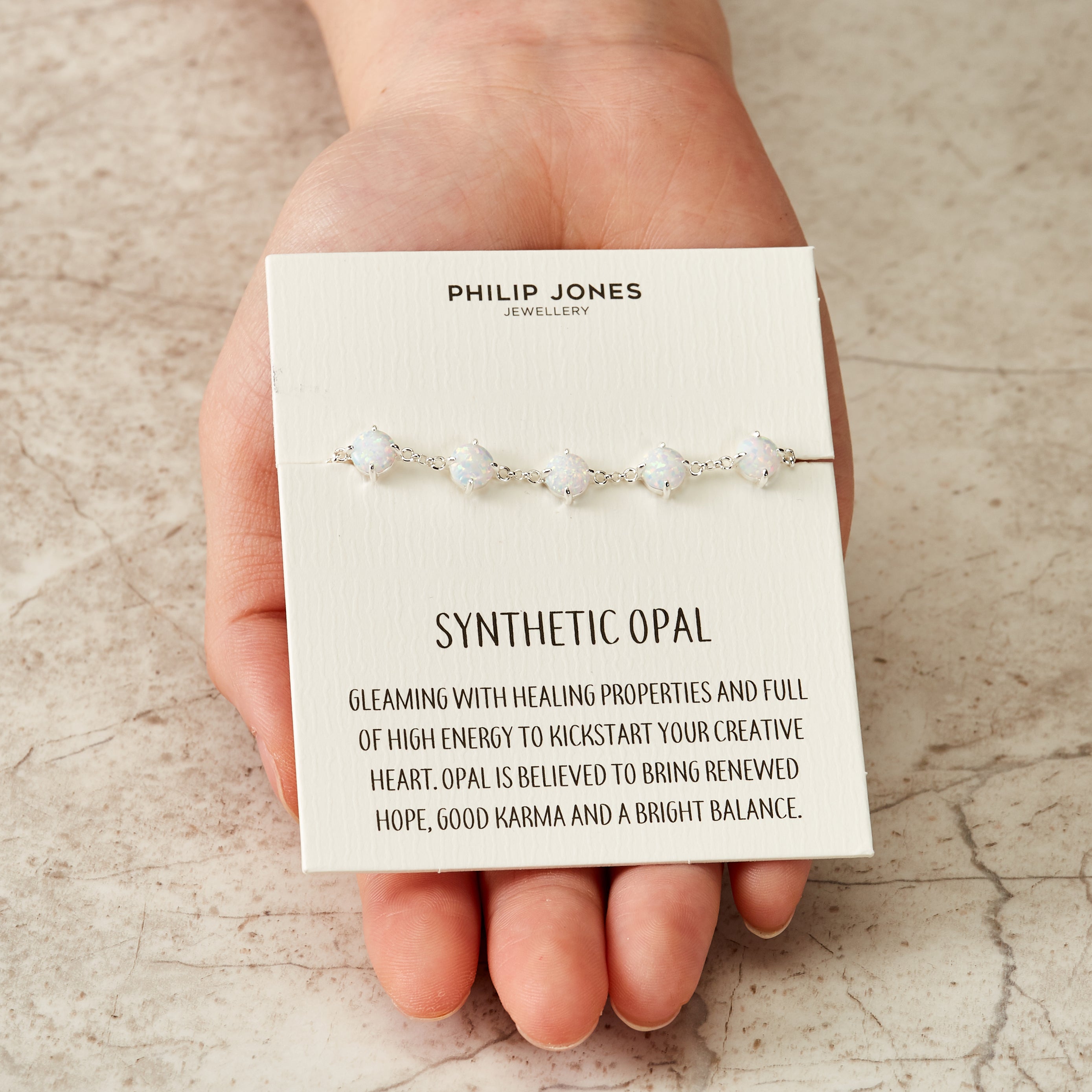 Synthetic White Opal Gemstone Bracelet with Quote Card